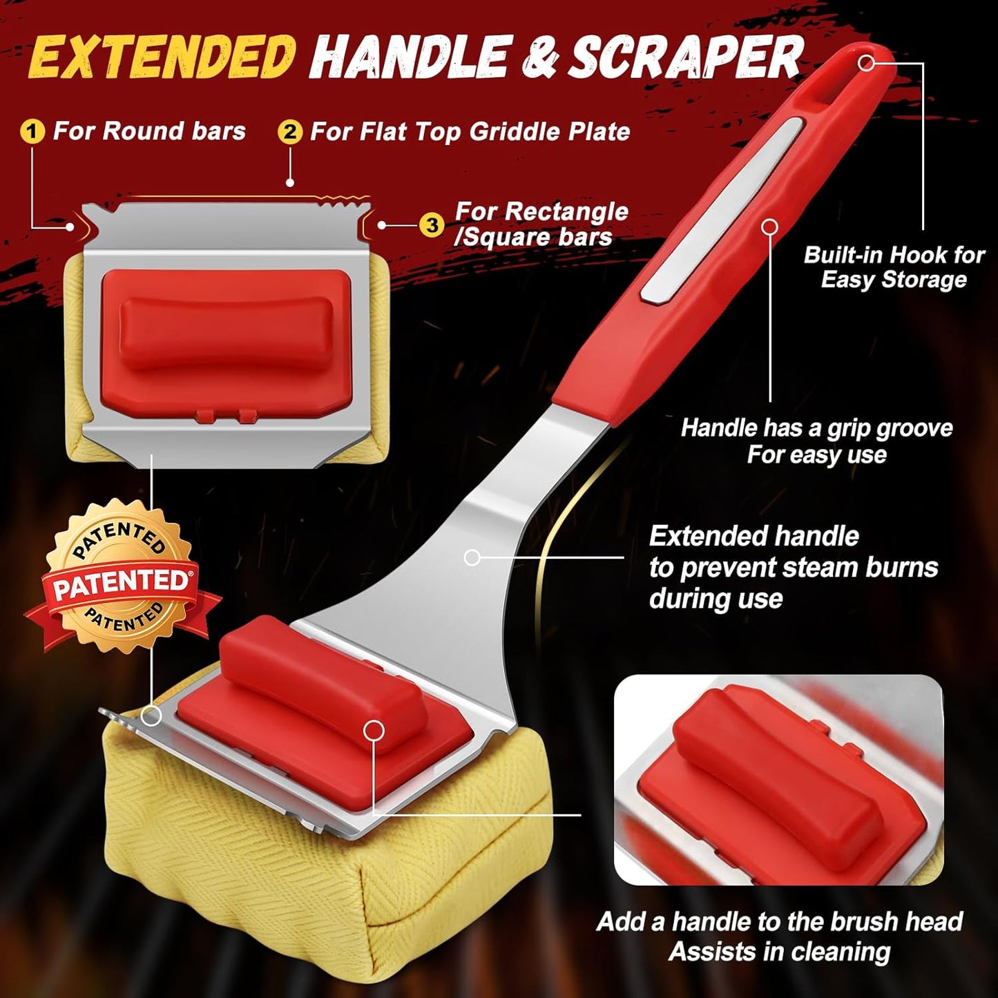 Grill Brush Bristle Free - Cleaning with Steam Technology, Replaceable Brush Heads & Scraper Tool for Stainless-Steel Grates Grill Brush with Stainless Steel Spatula and Two Cleaning Brush Heads