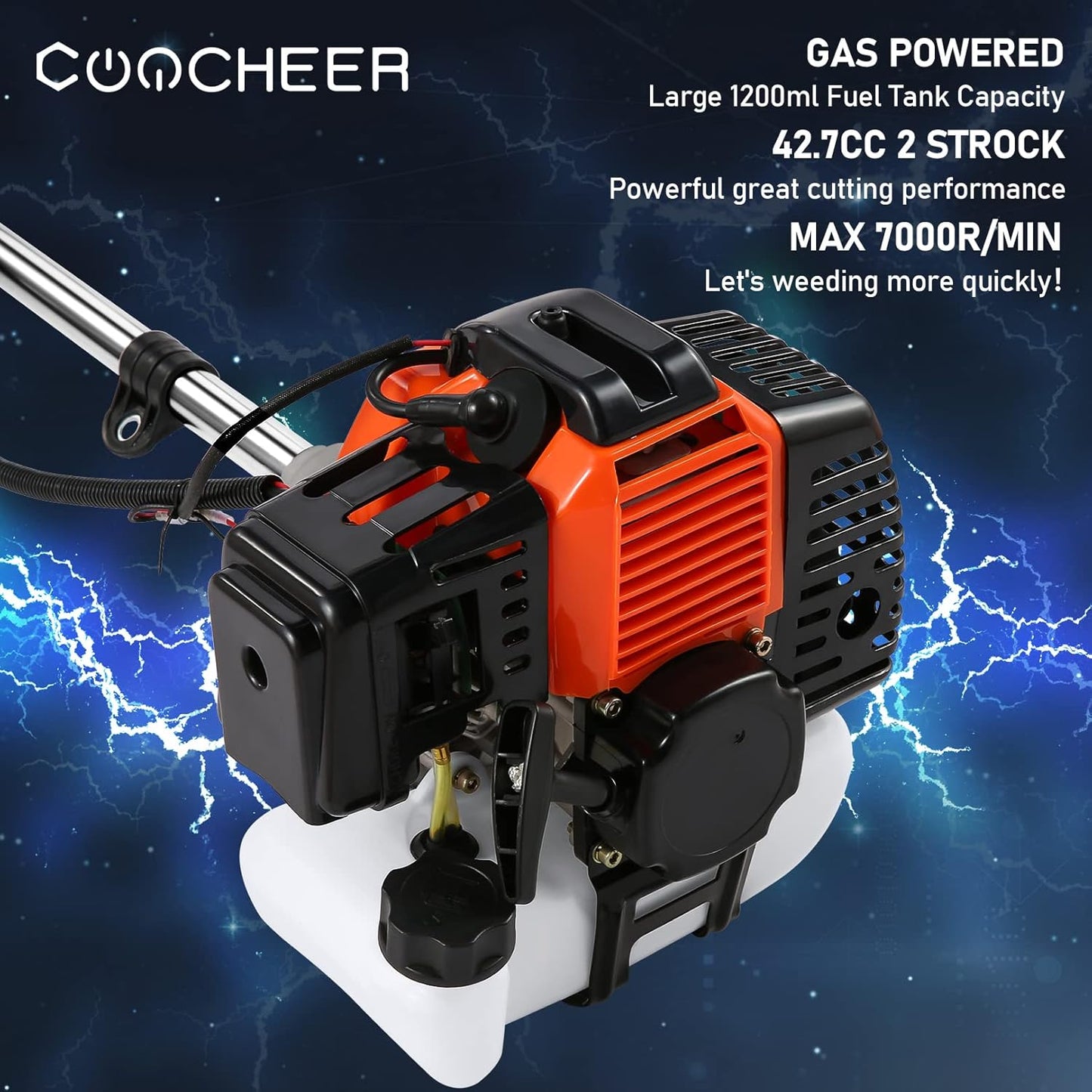 Weed Wacker String Trimmer, 42.7CC Cordless Grass Gas Powered Weed Wacker 2-in-1 Straight Shaft String Trimmer Brush Cutter with 2 Detachable Head for Grass/Heavy Bush