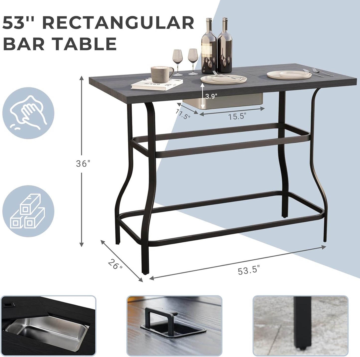 Grand patio 5-Piece Counter Height Patio Bar Set, Swivel Bar Stools and Faux Wood Grain Dining Table with Ice Bucket for Outdoor Kitchen Bistro Small Space Restaurant, Black&Grey Plaid