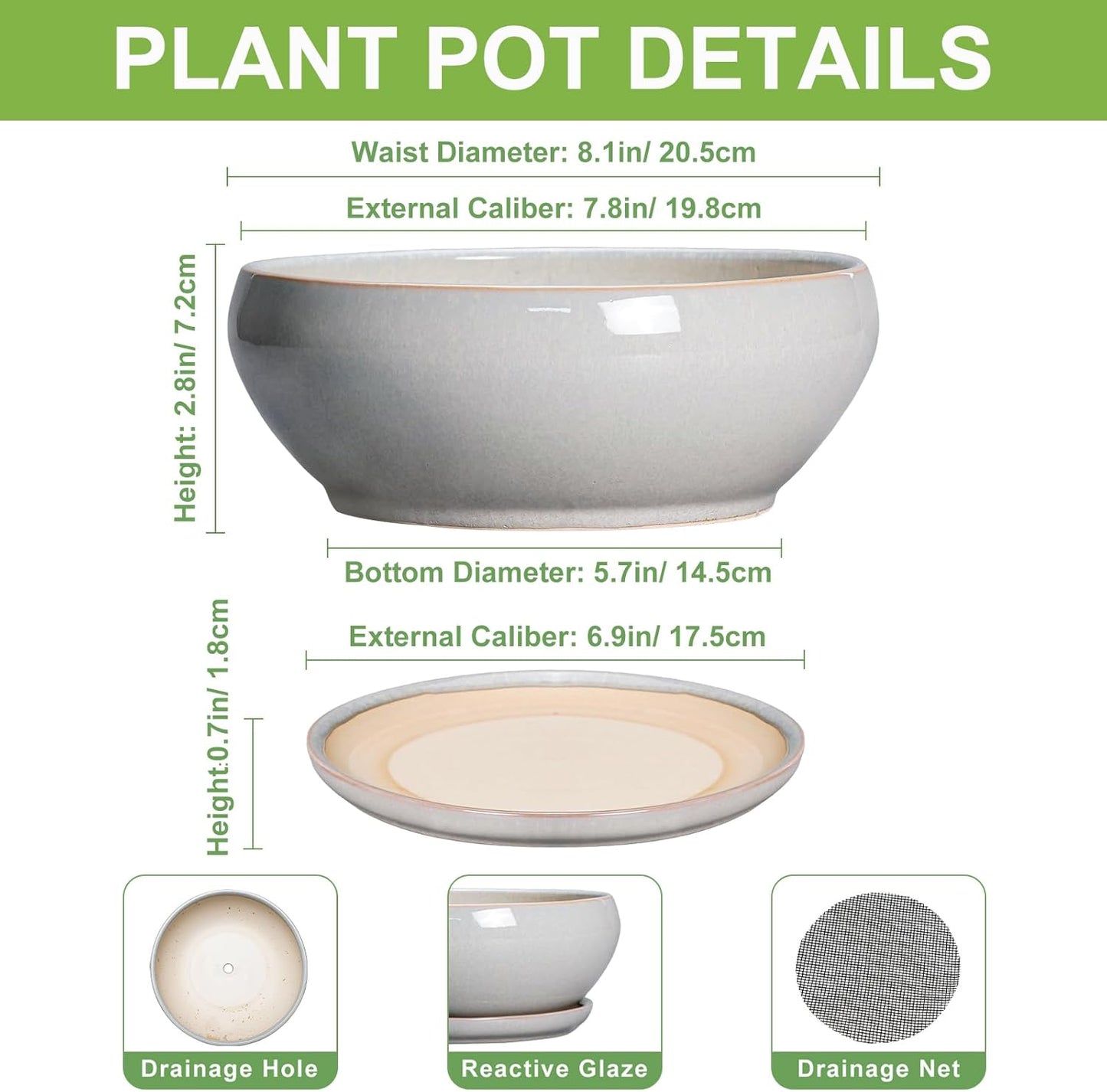 SQOWL Bonsai Tree Pots - 8 Inch Ceramic Plant Pots for Succulents, Shallow Planter with Drainage Hole and Saucer, Round Planter Indoor Outdoor, Bowl Planters, Home Decor, Gift for Plant Lover, Gray