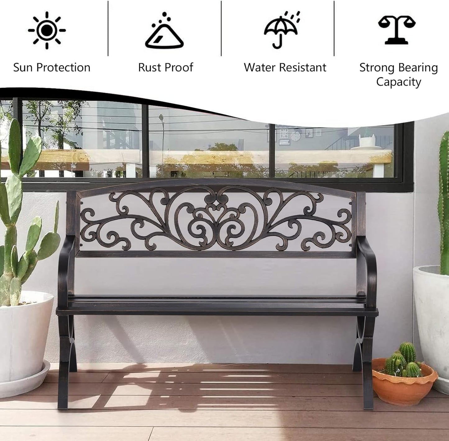 Sophia & William Metal Outdoor Bench, 50" Outdoor Garden Bench Patio Park Bench, Cast Iron Park Benches for Outside with Floral Design Backrest, Bronze