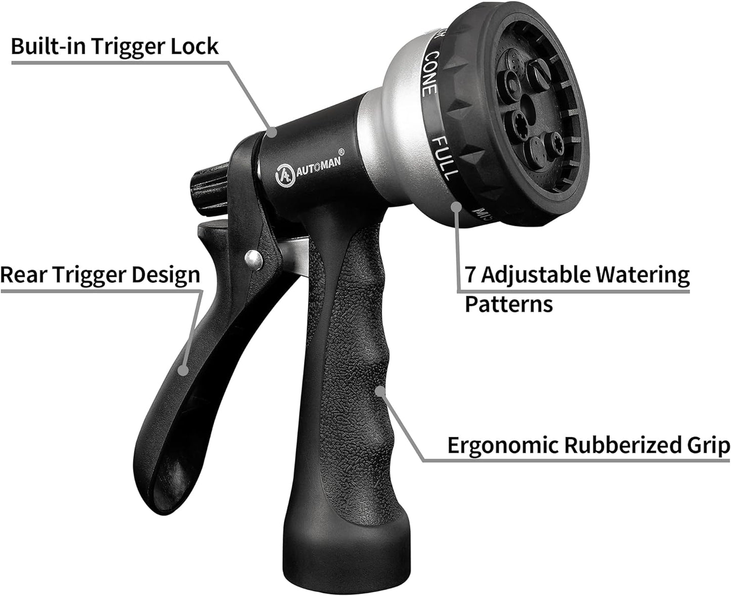 AUTOMAN-Garden-Hose-Nozzle, ABS Water Spray Nozzle, 7 Adjustable Watering Patterns, Slip Resistant for Watering Plants, Lawn& Garden, Washing Cars, Cleaning, Showering Pets & Outdoor Fun.Silver Color