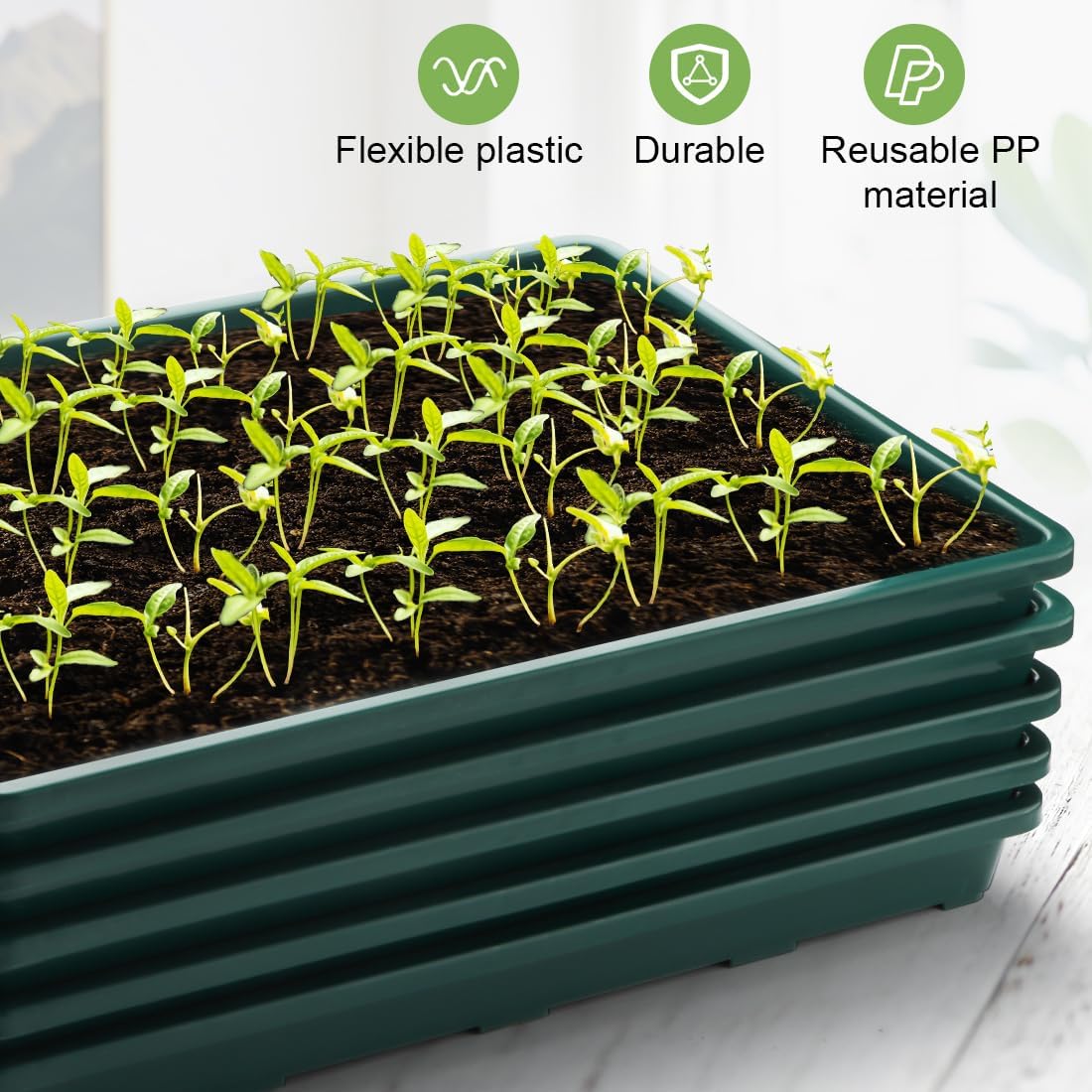 5 Pack Seed Starter Trays (17"x11"x2"), Plastic Flat Nursery Pots Trays, Durable Carrying Seedling Starter Tray, Reusable Tray for Planting and Collecting Drainage Water (Green)
