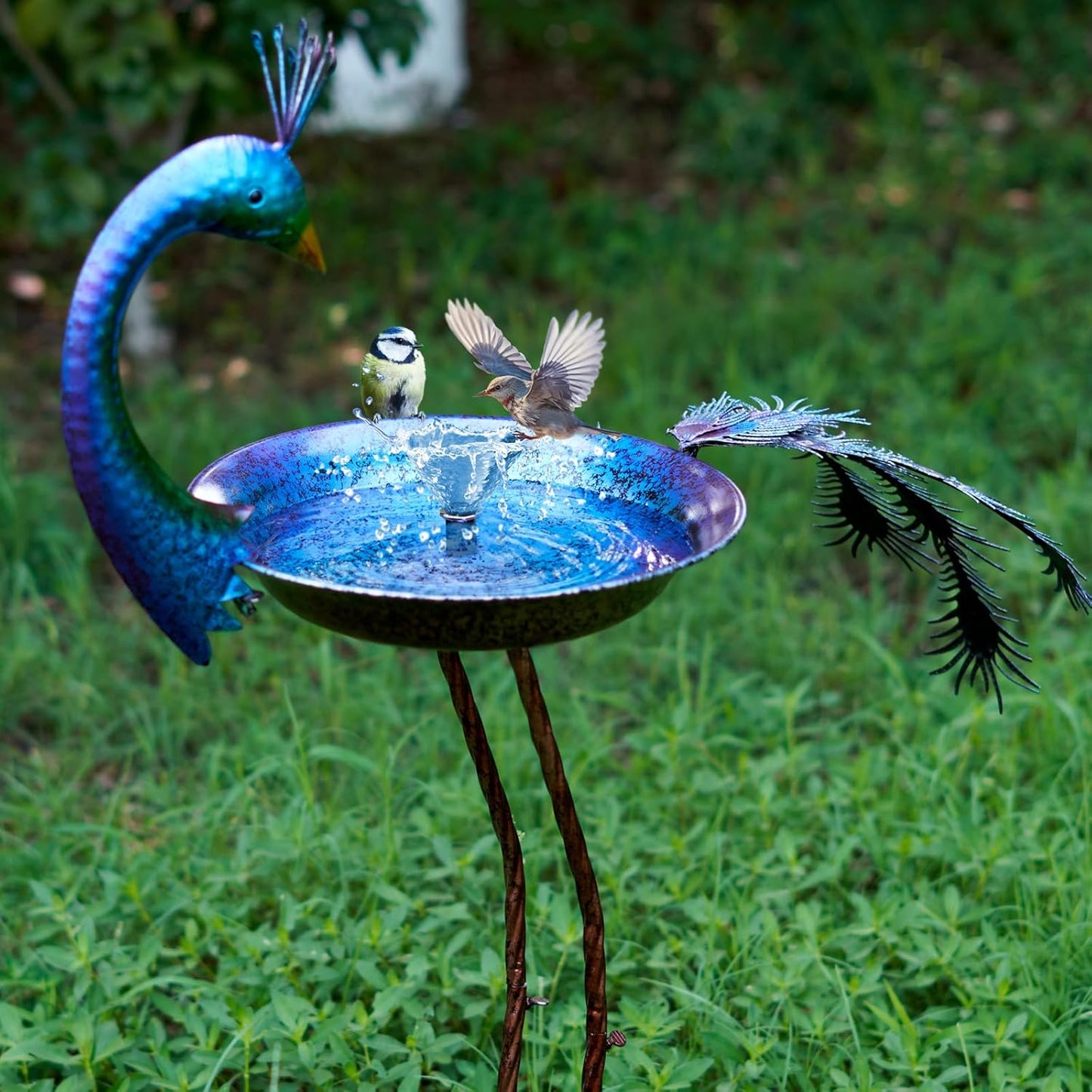 12.8" W*38.2" H Peacock Bird Baths for Outdoor, Metal Bird Feeder Seed Trayr,Bird Bath Drinker Plate, Garden Lawn Yard Decor(Multicolor)
