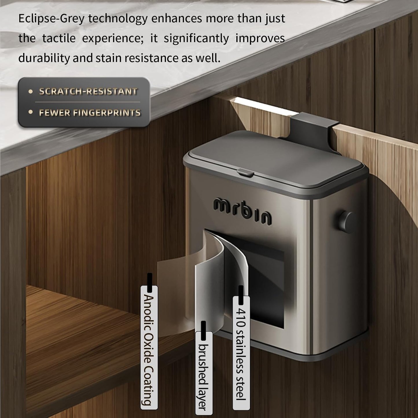 MRBIN Stainless Steel Compost Bin Countertop with Lid, Hanging Trash Can for Kitchen Cabinet Door, Wall Mounted Indoor Recycle Basket Food Waste Scrap Dustbin for Kitchen Under Sink with Inner Bucket