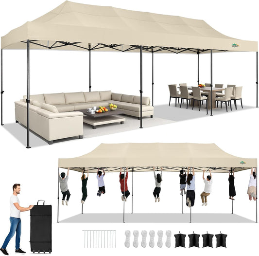 COBIZI 10x30 Pop up Canopy Heavy Duty Without Sidewalls, Easy Set-up Commercial Outdoor Party, 100% Waterproof Wedding Canopy Gazebo, 3 Height Adjustable with Wheeled Bag, Khaki
