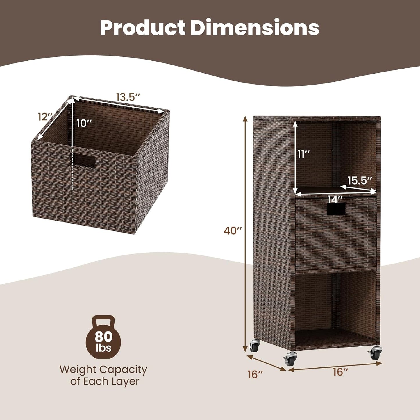 Tangkula Rattan Outdoor Storage Cabinet, Patiojoy Outdoor Wicker Cabinet with 3 Shelves, 1 Removable Drawer, 4 Wheels, Patio Storage Deck Box Cart for Backyard Poolside Porch (Mix Brown)