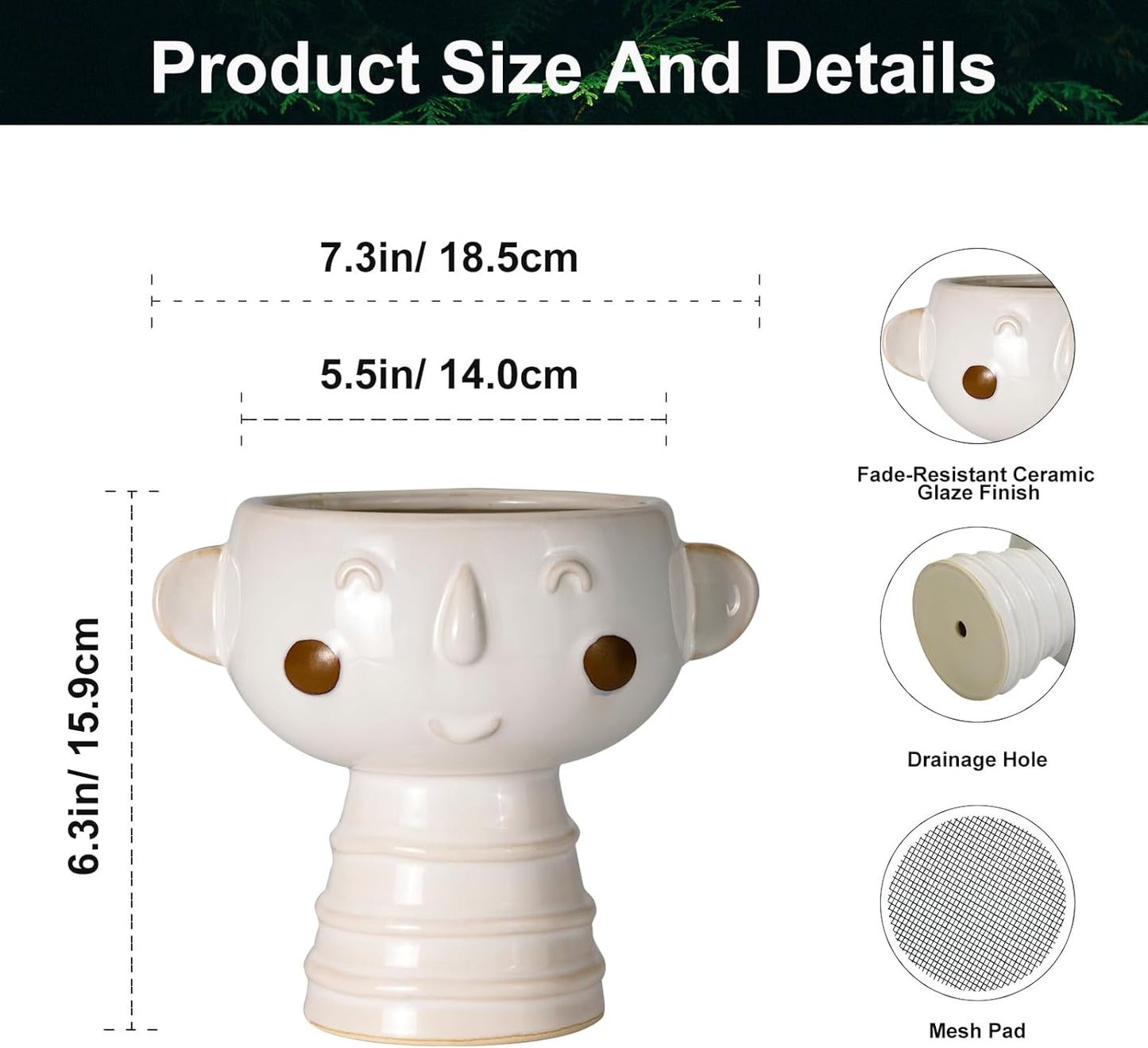 Head Planter for Indoor Plants - 7 Inch Ceramic Face Planter, Cute Succulent Pot with Drainage Hole, Indoor Outdoor Flower Plant Pot, Home Garden Decor, Gift for Plant Lovers, White