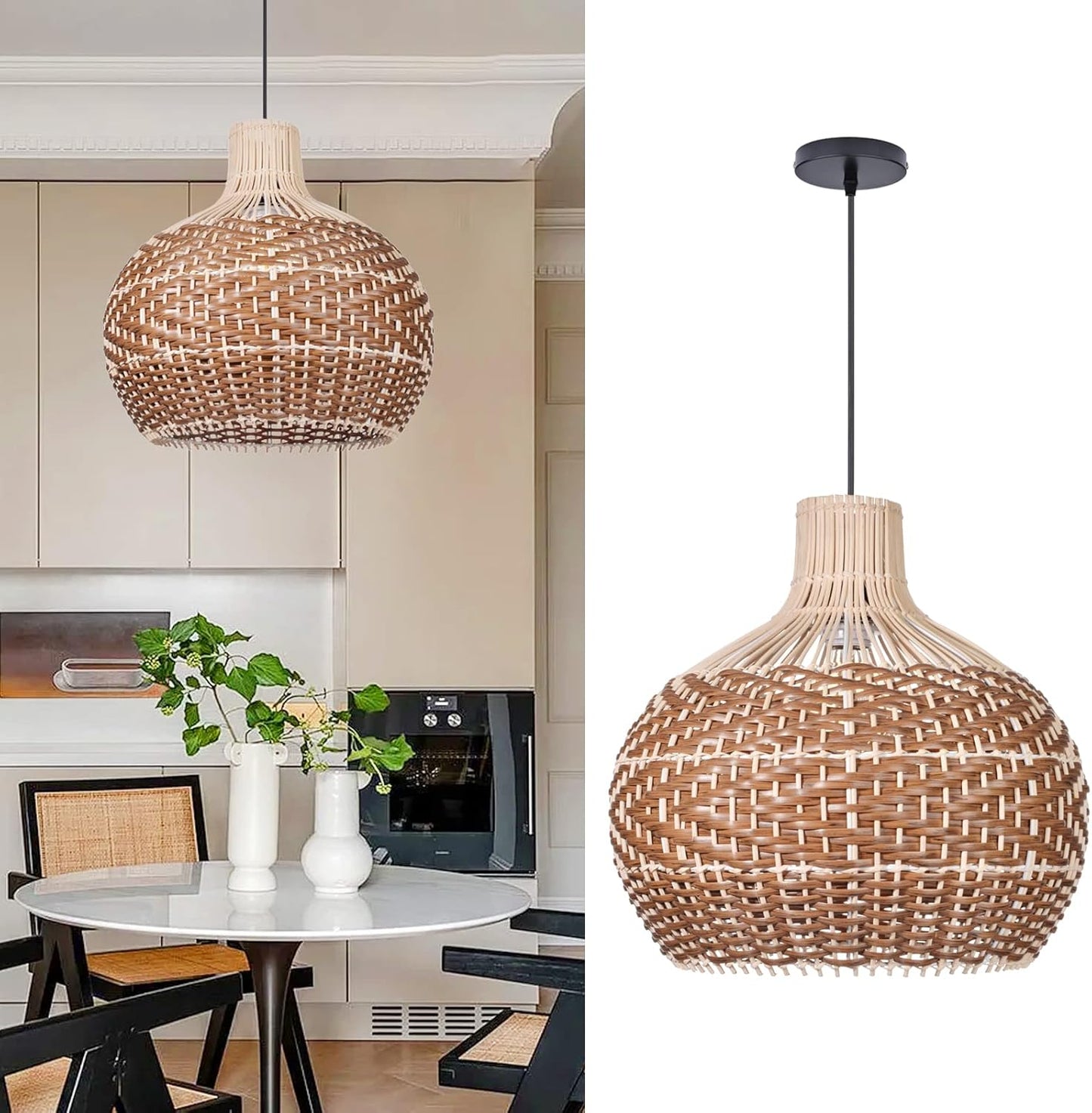 Arturesthome Rattan Pendant Lights, Wicker Chandelier Boho Basket Lighting Fixture, Natural Woven Hanging Lamp for Kitchen Island Sink Coffee