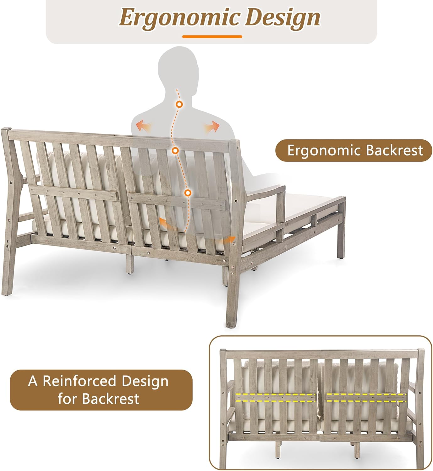 Merax Outdoor Daybed, 3 Seater Acacia Wood Daybed, Patio Day Bed with Four Pillows, Wooden Outdoor Bed with Curved Armrests for Poolside, Backyard, Garden, Gray