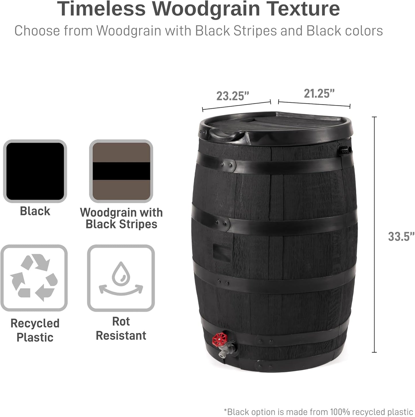 RTS Home Accents Premium 55-Gallon Eco Rain Barrel with Removable Lid, Flat Back Rain Water Collection Barrel, Made with 100% Recycled Plastic, Black