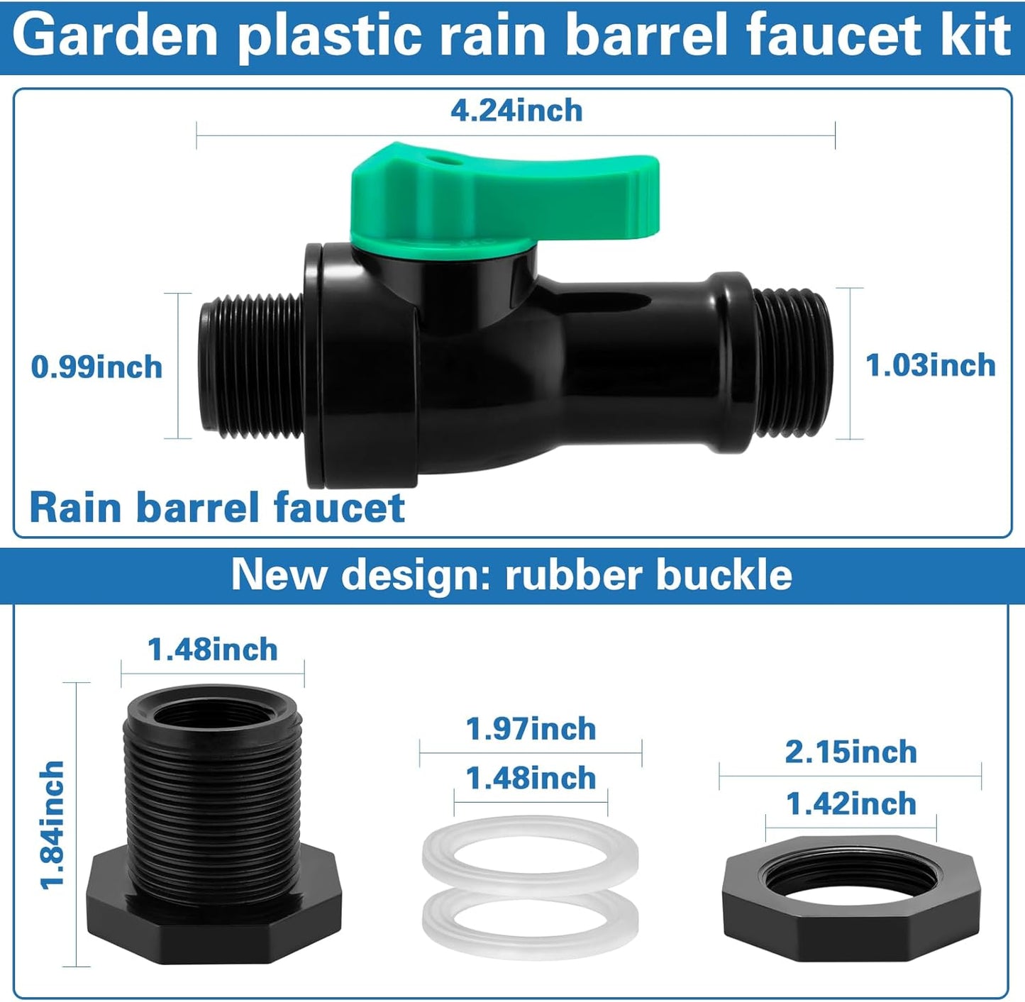Plastics Rain Barrel Spigot Kit,High Flow Valve Core Water Tank Faucet+PVC Bulkhead Fitting,Straight Head 3/4 NPT to 3/4 GHT Rain Barrel Spigot for Plastic Bucket rainwater Drum Container