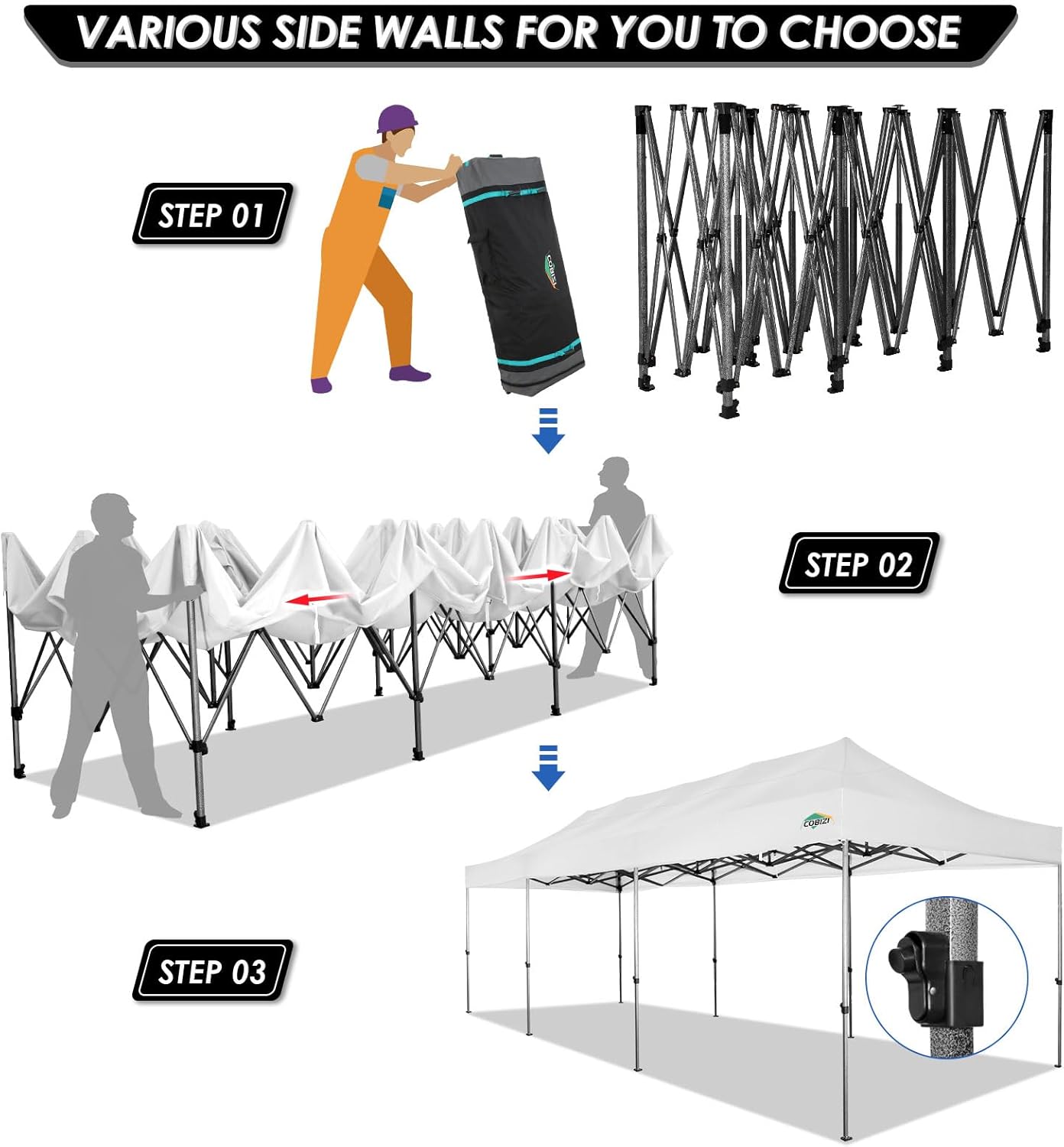 COBIZI 10x30 Pop up Canopy Tent 10x30 Canopy with Sidewalls, Heavy Duty Party Tent Tents for Parties, Foldable UPF 50+ Waterproof Commercial Easy up Canopy with Roller Bag, White(Windproof Upgraded)