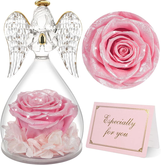 Yamonic Mom Birthday Gifts for Mom, Glass Angel Figurines with Real Rose Gifts for Moms Grandma, Preserved Flowers Real Rose Mothers Day Birthday Valentine’s Day Angel Gifts for Women Her(Pearl Pink)
