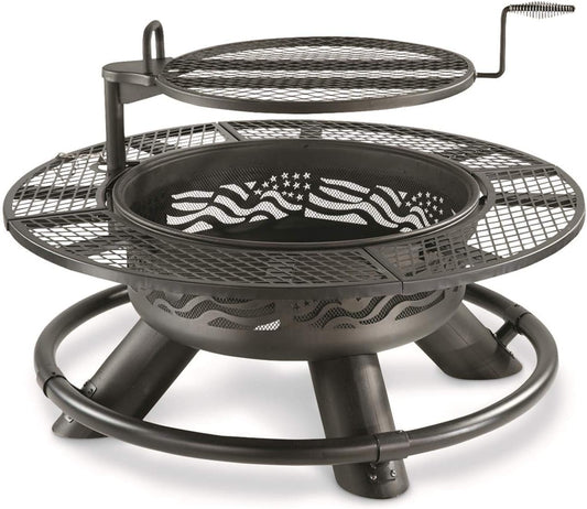 Castlecreek 47" Fire Pit BBQ Grill Outdoor Wood Burning Steel Log Firepit for Camping, Grilling, Smores, Yard, Cooking Outside, Barbecue, Bonfire Flag