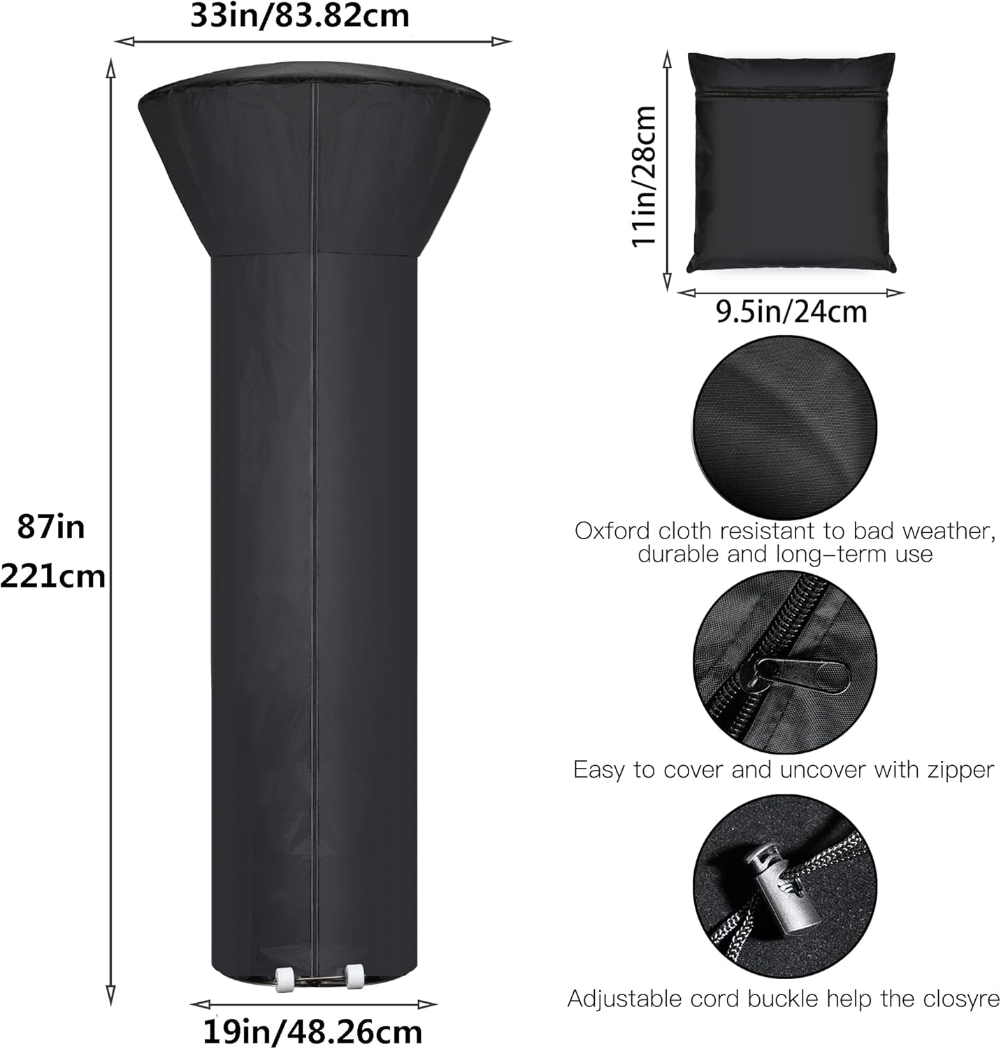 Patio Heater Covers with Zipper and Storage Bag,Waterproof,Dustproof,Wind-Resistant,Sunlight-Resistant,Snow-Resistant,Black,87'' Height x 33" Dome x 19" Base