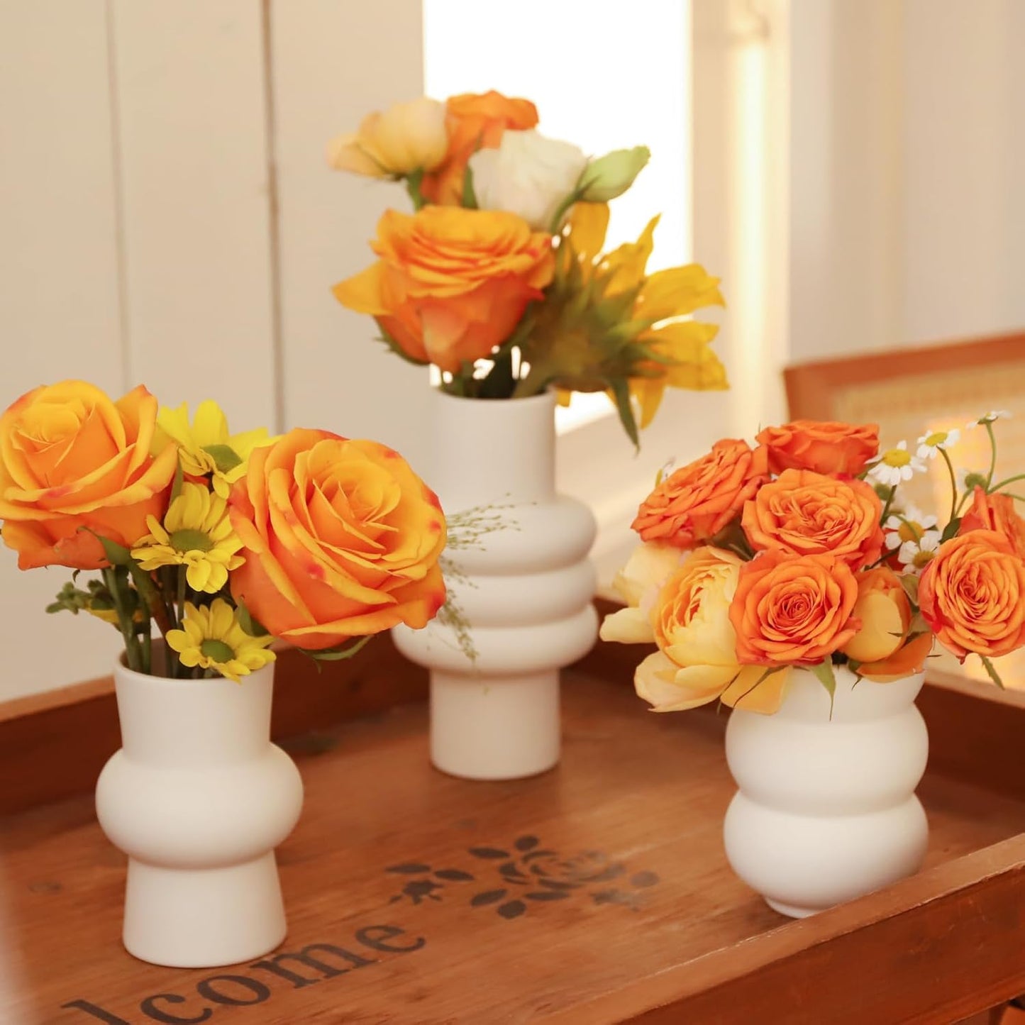 Ceramic Vase for Decor, White Boho Ceramic Vase in Bulk Small Boho Vases Set for Home Modern Minimalist Farmhouse Decoration White Bud Vases for Shelf Decor, Table, Bookshelf (Set of 9)