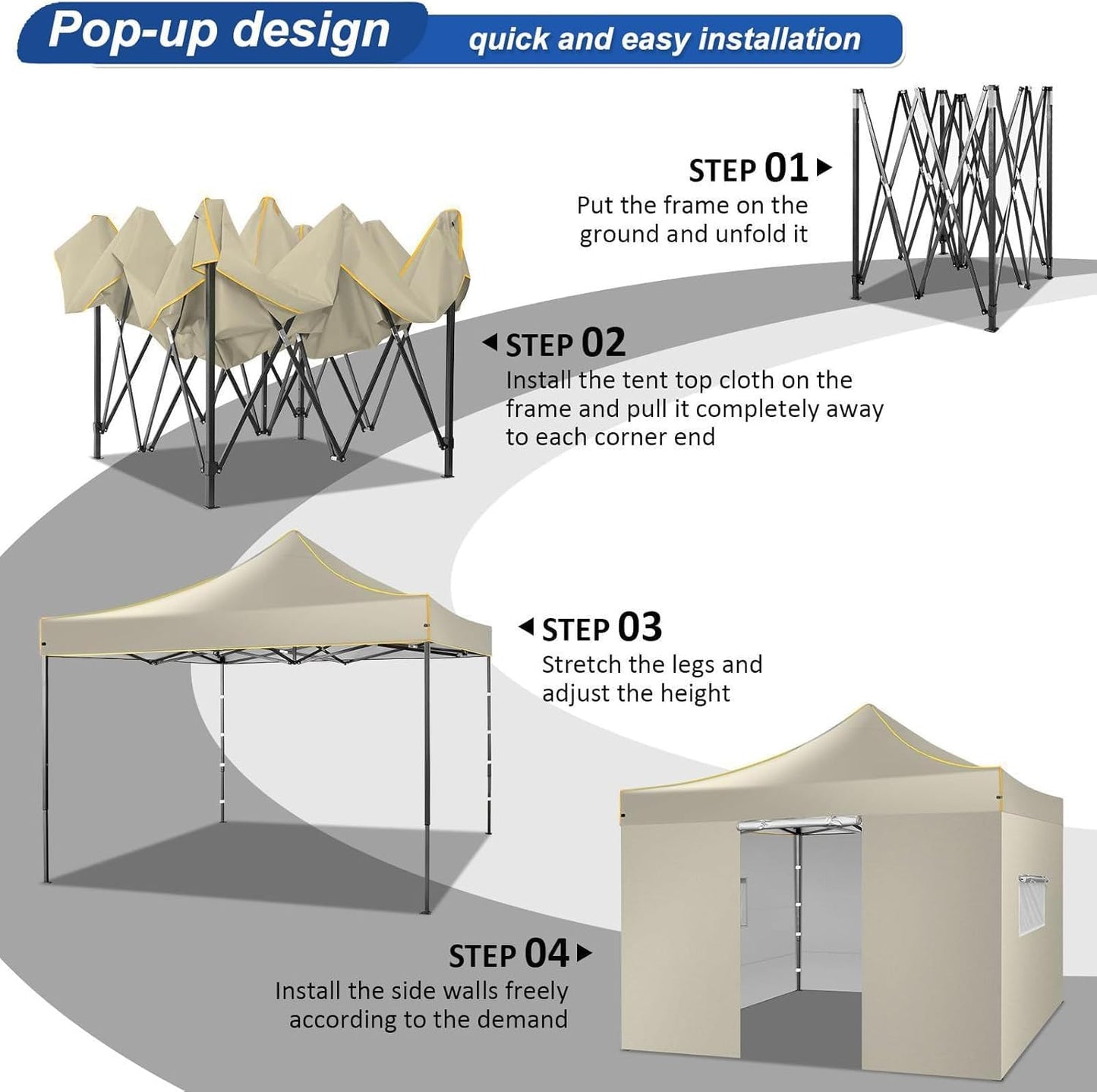 COBIZI 10x10 Heavy Duty Pop up Canopy with 4 Removable Sidewalls, Canopy Tent with Portable Bag, Ez Pop up Tent Commercial Gazebo Waterproof Sunshade for All Weather Party Camp Stall Patio,Khaki