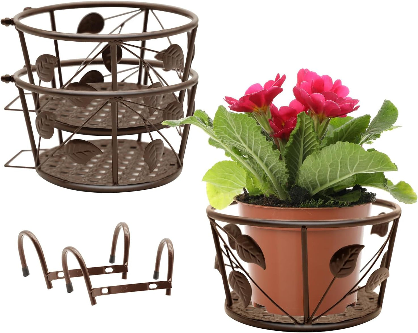 Hanging Railing Planter Flower Pot Holder Baskets Iron Art Hanging Baskets Flower Pot Holder Hanger Potted Plants Rack Plant Iron Racks Over The Rail Fence for Patio Balcony Porch