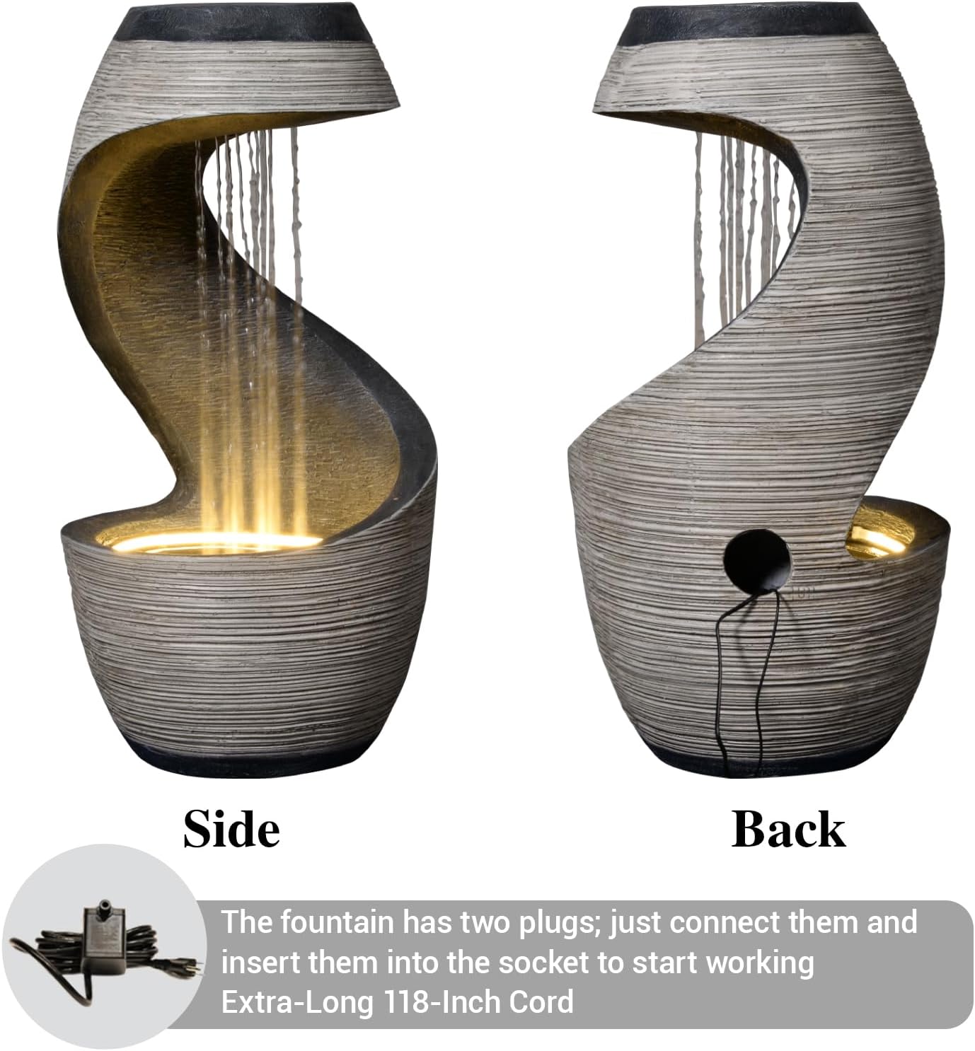 37" Tall S-Shaped Outdoor Waterfall Fountain – Rainfall Water Fountain for Garden, Patio or Backyard Decor, Floor-Standing Resin Garden Fountains Outdoor Water Feature with Flat Top for Plant Display