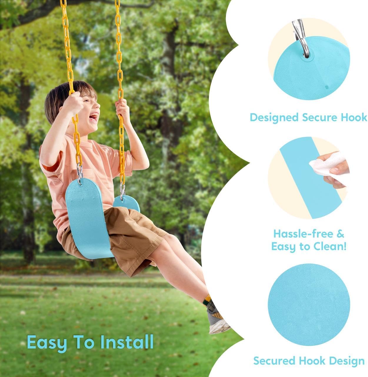 TURFEE Swing for Outdoor Swing Set - Pack of 1 Seat Replacement Kit with Heavy Duty Chains - Backyard Swingset Playground Accessories for Kids (Blue 2)