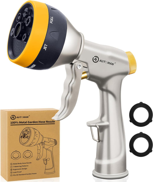 AUTOMAN Garden Nozzle Sprayer, High Pressure Spray Nozzle, 100% Metal Water Hose Nozzle, 7 Patterns Watering Nozzle, Heavy Duty Sprayer Garden Nozzle for Watering Plants & Lawns, Washing Cars & Pets