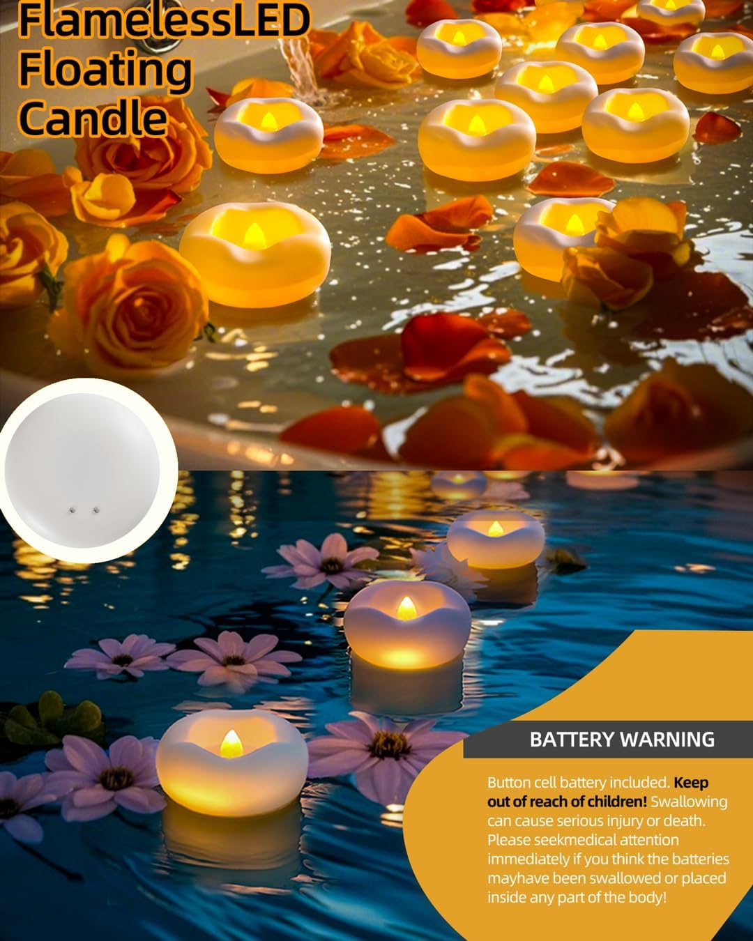 12x 2”Floating Candle, 200 Hour Water Activated Warm White Battery Powered Flameless LED Floating Candle Floating for centerpieces/Bathtub/Pool/Fountain