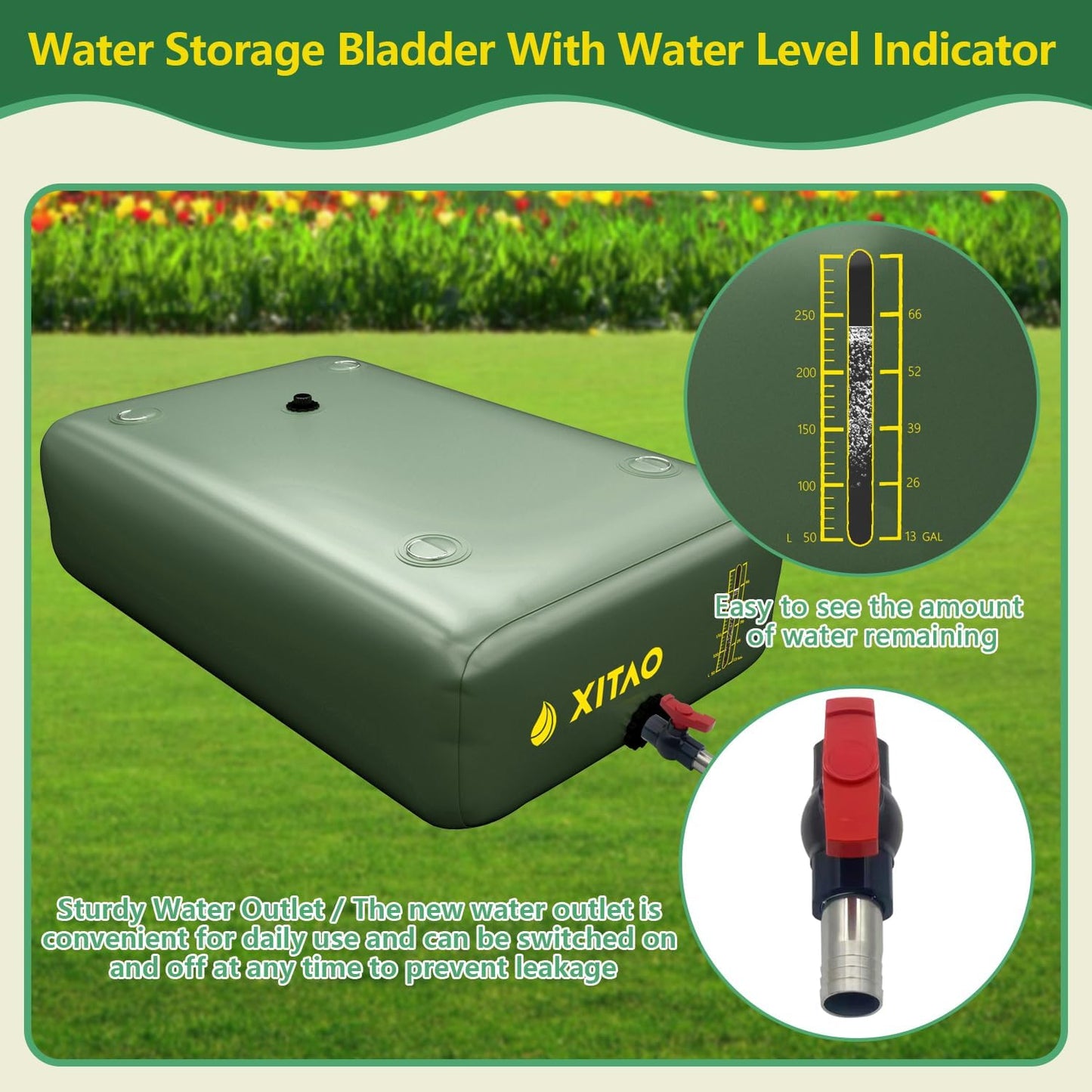 XITAO Water Storage Bladder w/Water Level Indicator, Large Capacity Foldable Water Storage Containers, Portable Emergency Water Tank Water Bag for RVs, Fire Prevention, Irrigation (63Gal)