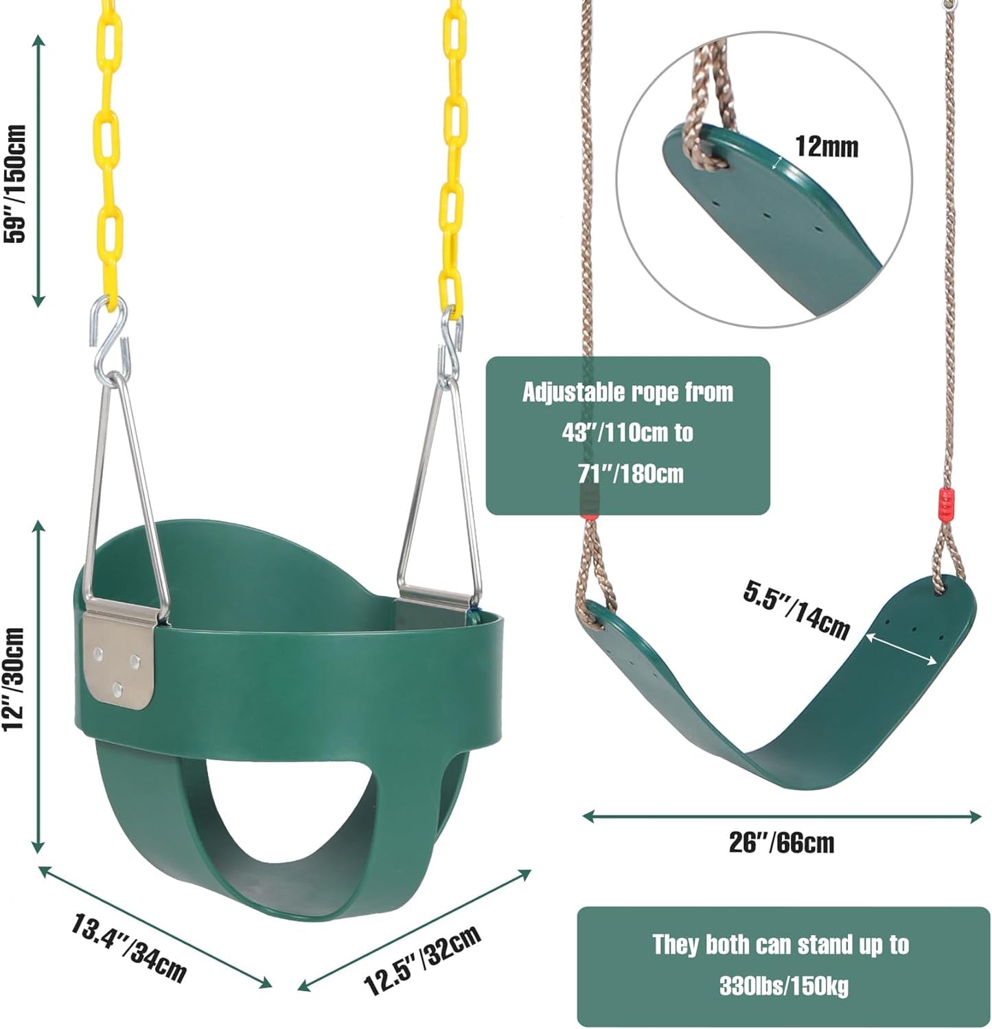 RedSwing Toddler Swing Set, Heavy Duty High Back Full Bucket Swing with Belt Swings Seat Combo Pack for Swingset, Tree Straps and 4 Hooks Included, Green