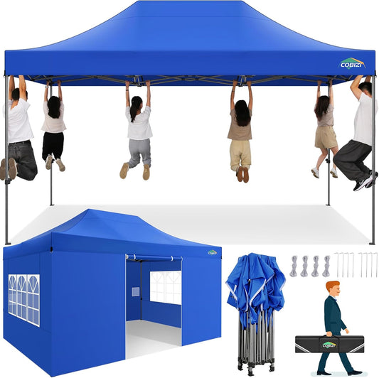 COBIZI 10x15 FT Heavy Duty Pop up Canopy Tent with 4 sidewalls Commercial Outdoor Canopy Wedding Party Tents for Wedding All Season Wind & Waterproof Gazebo with Carry Bag, Blue(Frame Thickened)