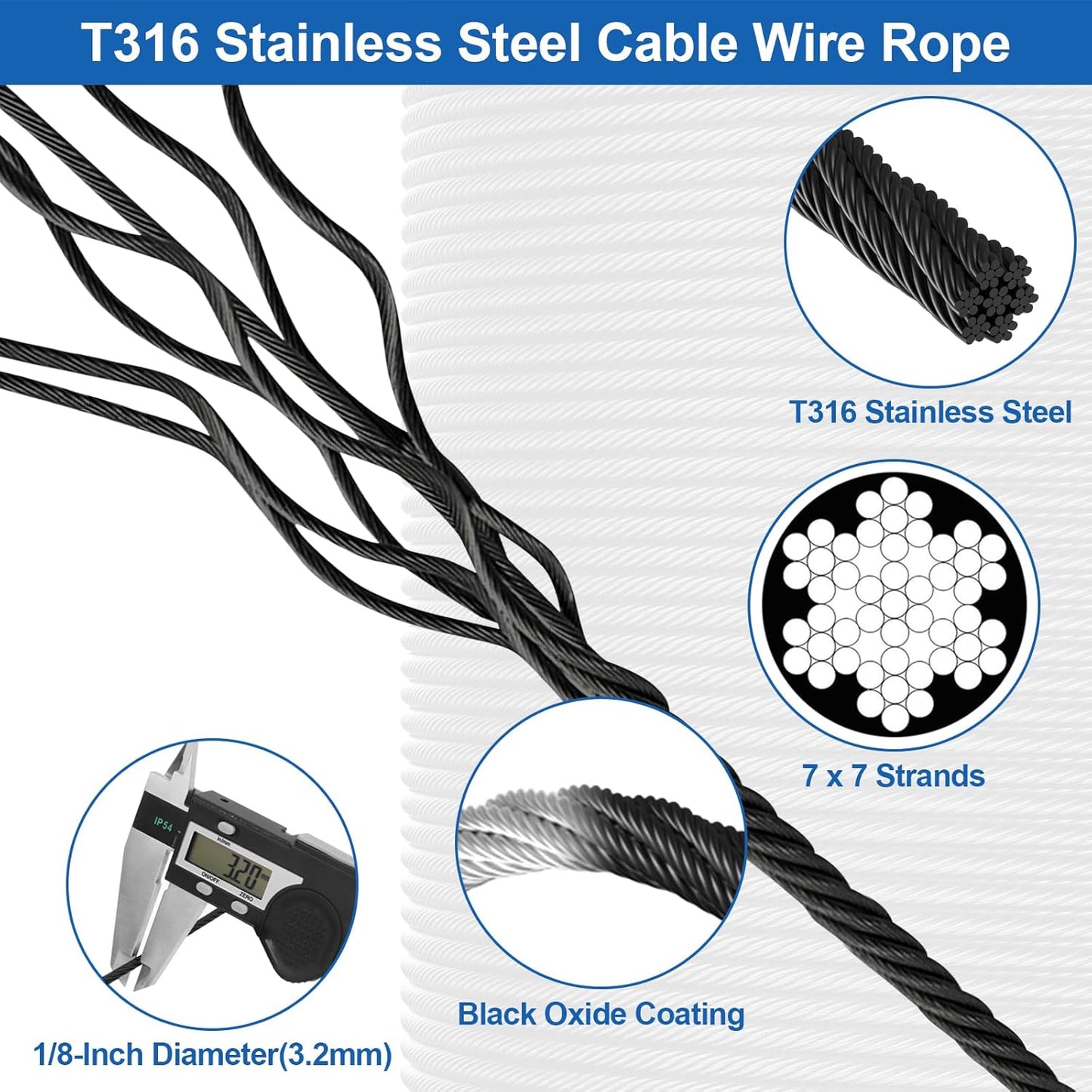1000FT T316 Marine Grade 1/8" Stainless Steel Cable Kit w/Cutter, 7x7 Strand,1850lb Breaking Strength Wire Rope Cable for Deck Railings,Ideal for Indoor/Outdoor Railings DIY Installation, MY15