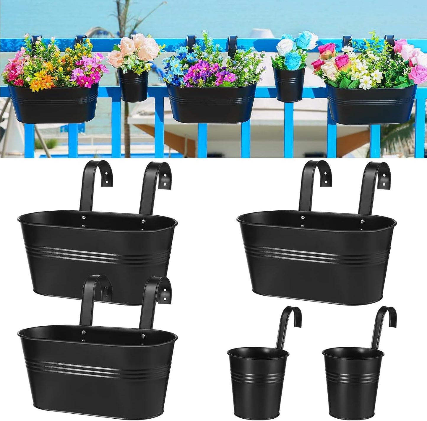 5 Pcs Hanging Planter Railing Planter Box Metal Iron Window Boxes Planters for Outdoor Plants Balcony Planter Fence Planters with Detachable Hooks for Herb Garden Planter Outdoor(Matte Black)