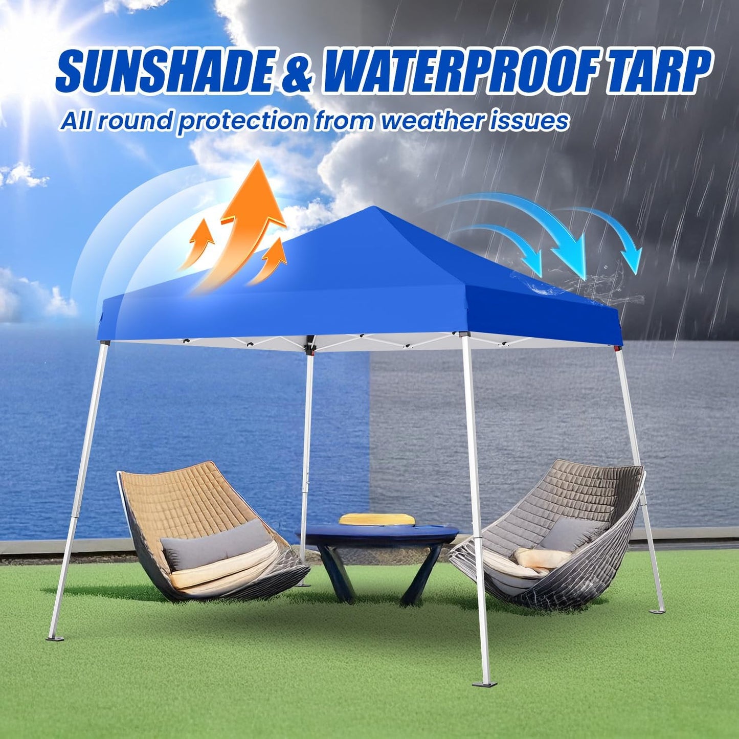 10x10 Pop Up Canopy, 300D Silver Coated Blue Fabric Outdoor Gazebo, Beach Tent Slant Legs with Storage Bag,Easy Up Sun Shade Shelter Tents with 8x8 Top Cover for Patio,Party