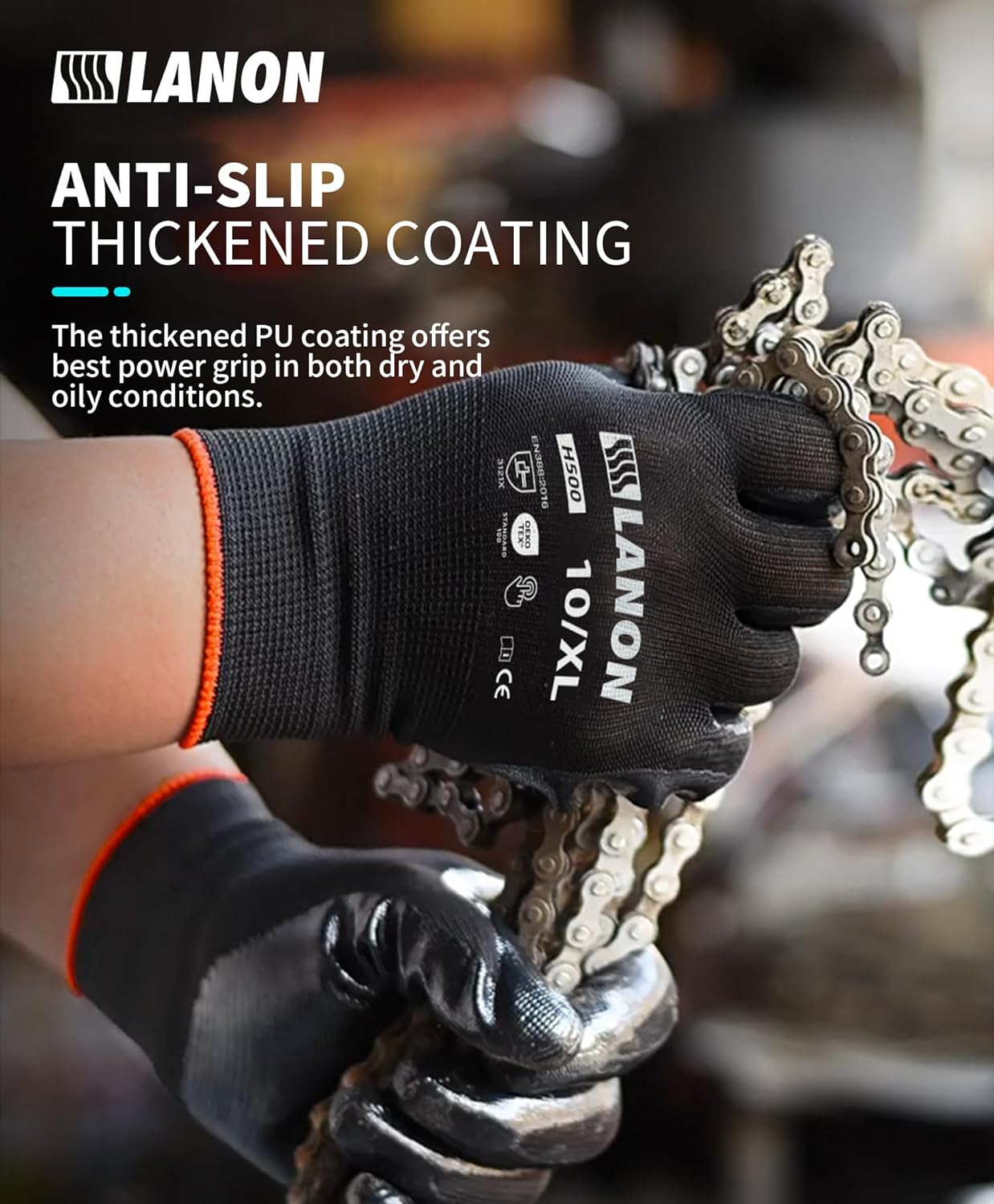 LANON Safety Work Gloves for Men and Women, 18 Pairs Mechanic Black Working Gloves with Grip Odorless PU Coated, Seamless Knit, Full Fingertip Touchscreen for Light Duty Working Gloves, X-Large