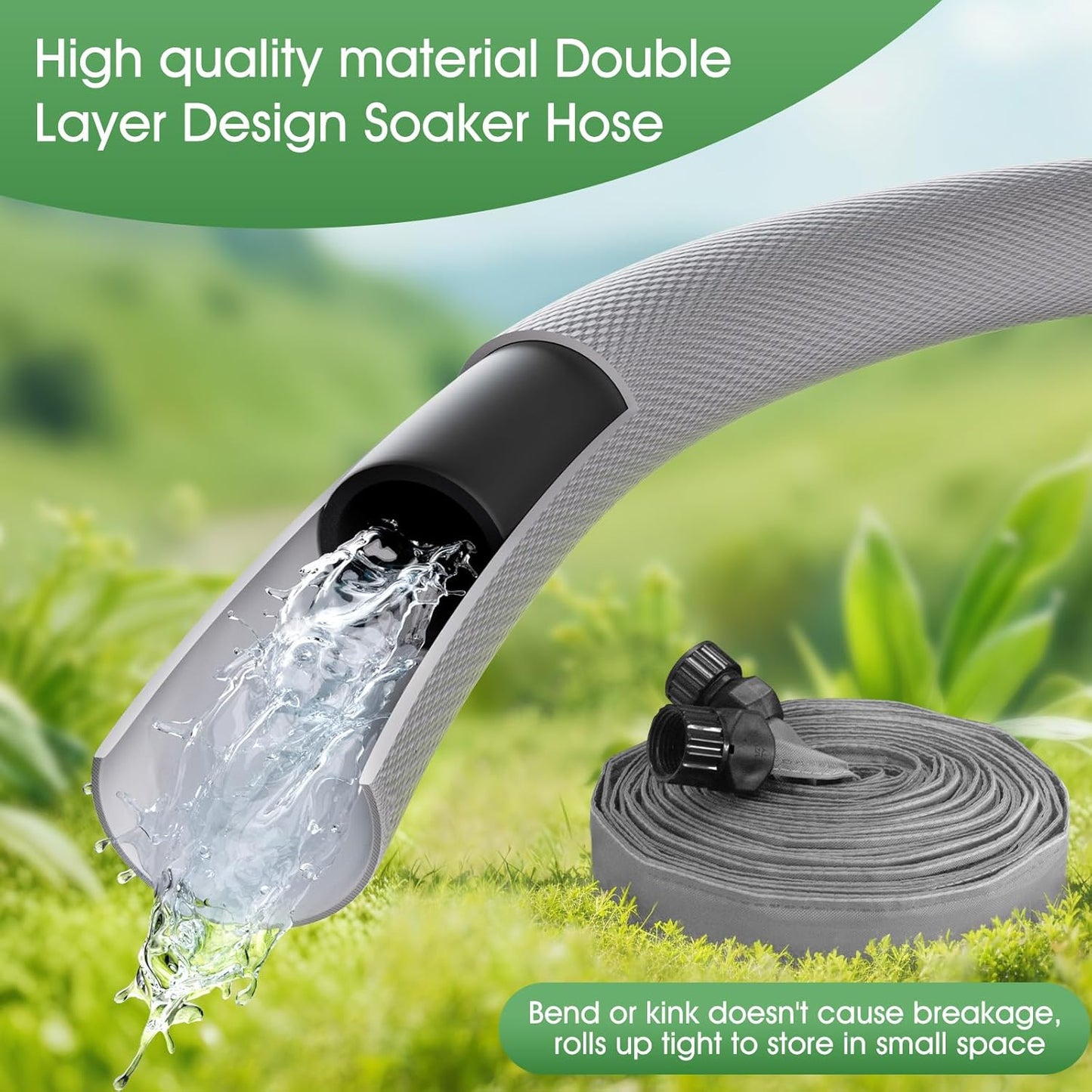 Flat Soaker Hose for Garden Beds 100 ft,Linkable Drip Irrigation Hose Save 80% Water, Leakproof Watering Hose with Holes, Duty Double Layer Flexible Leakproof(50 FT x 2Pack)