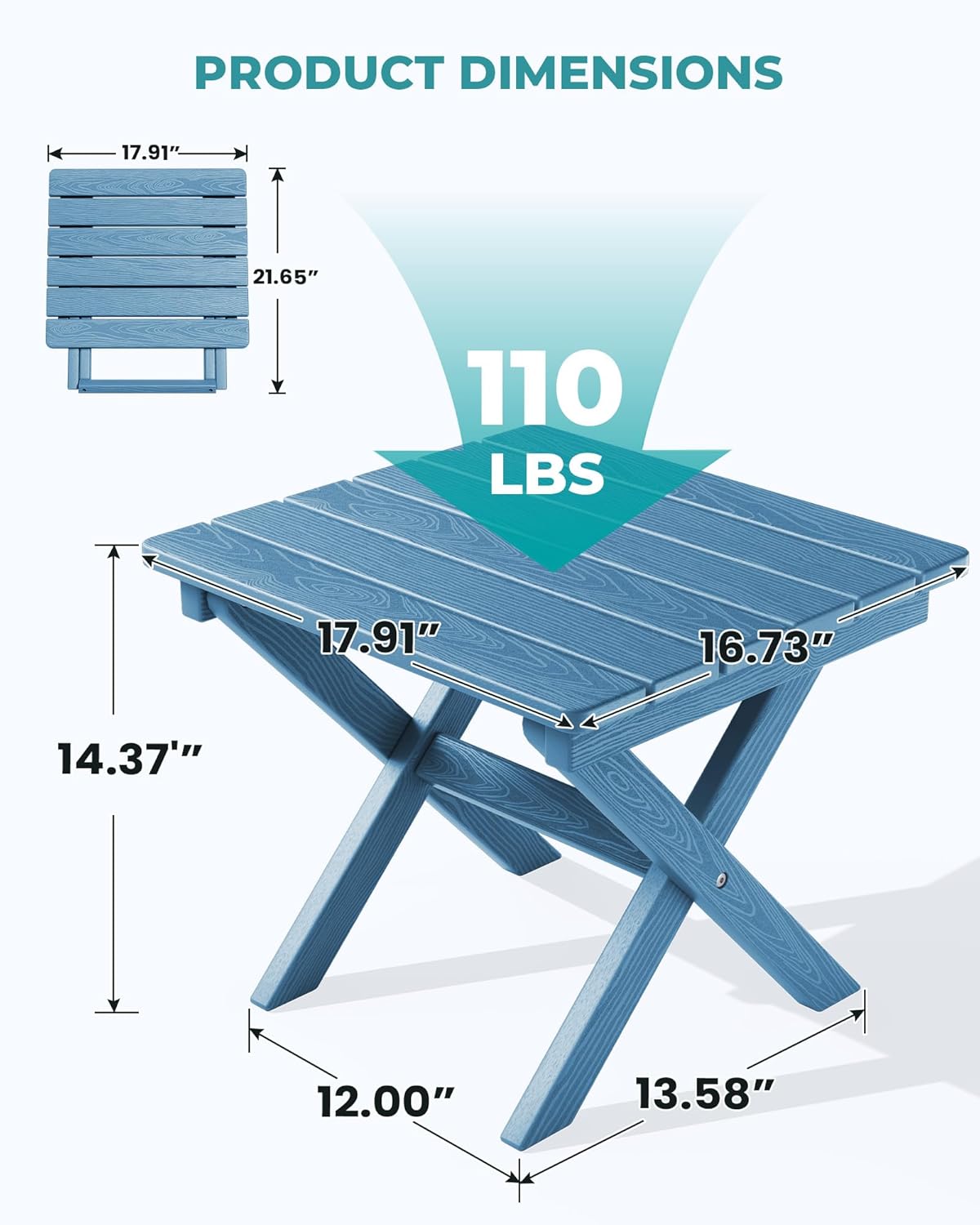 SERWALL Folding Outdoor Side Table Set of 2, Portable Adirondack Side Table, Navy