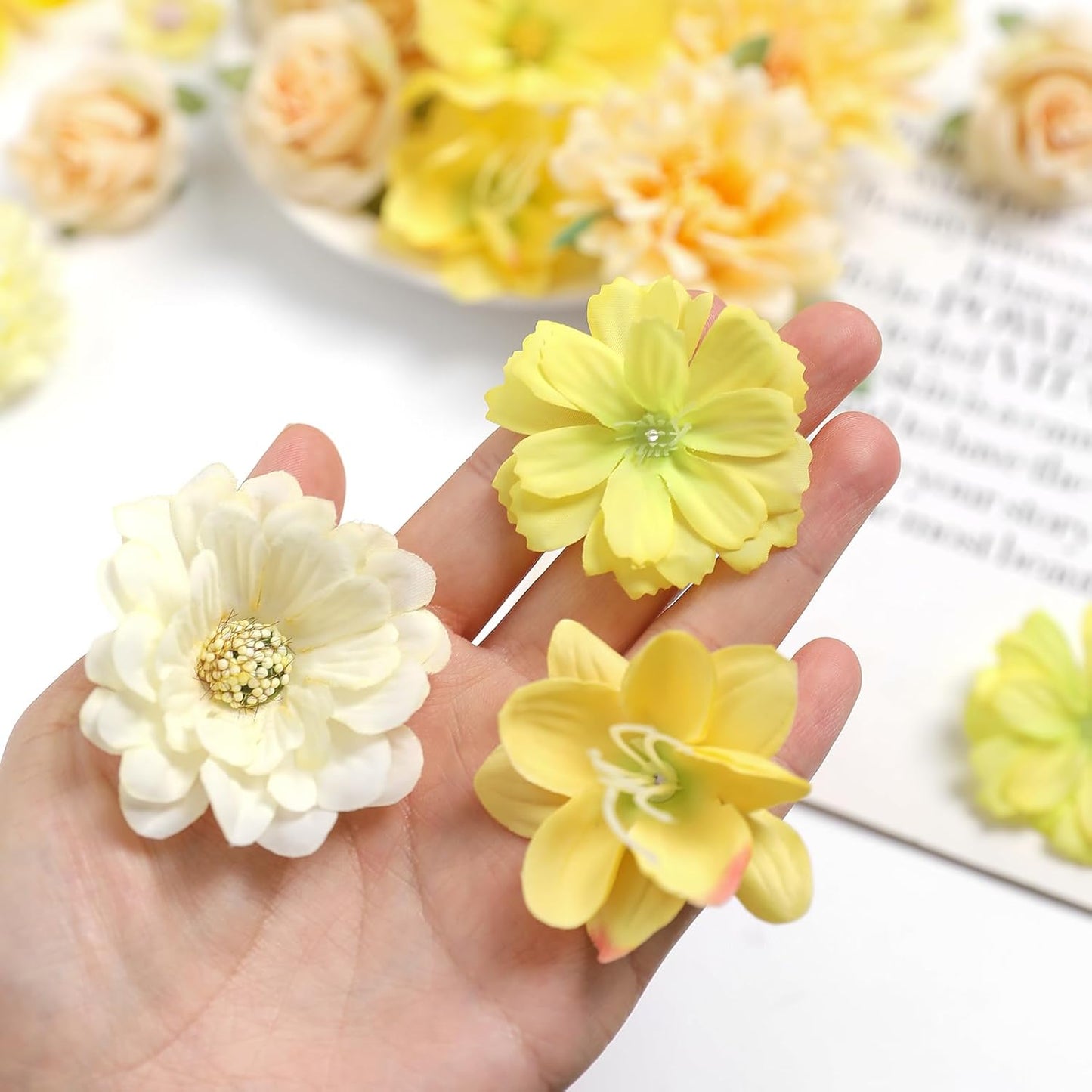 YYHUAWU Fake Flower Heads Mini Yellow Artificial Flower Faux Dahlia Rose Flowers Multicolor Silk Daisy Flower Heads for Craft Garland Wedding Bridal Baby Shower Home Party Decoration DIY Cake Decor