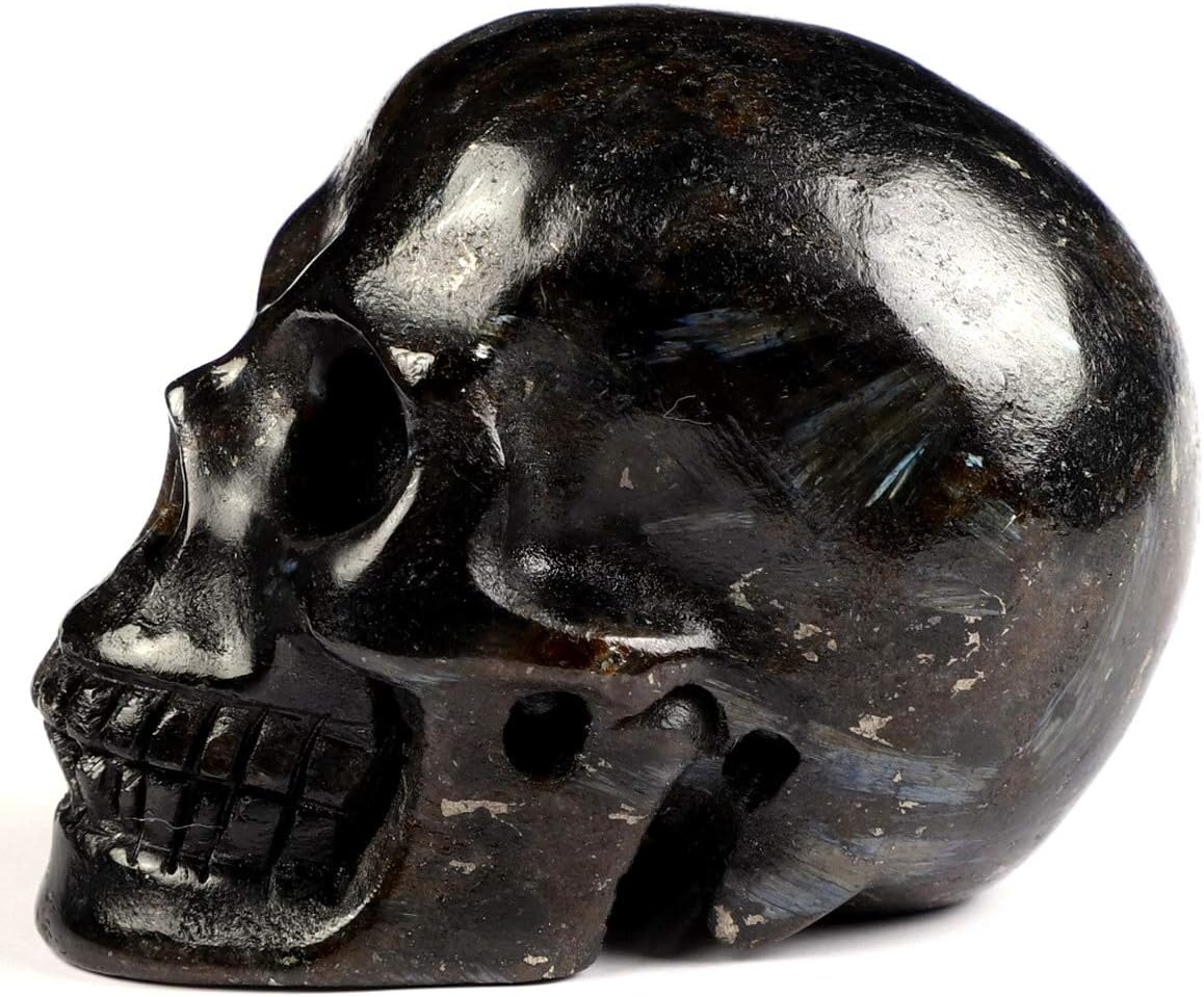 Skullis 2.0” Russian Arfvedsonite Crystal Skull, Hand Carved Gemstone Fine Art Sculpture, Reiki Healing Stone Statue.