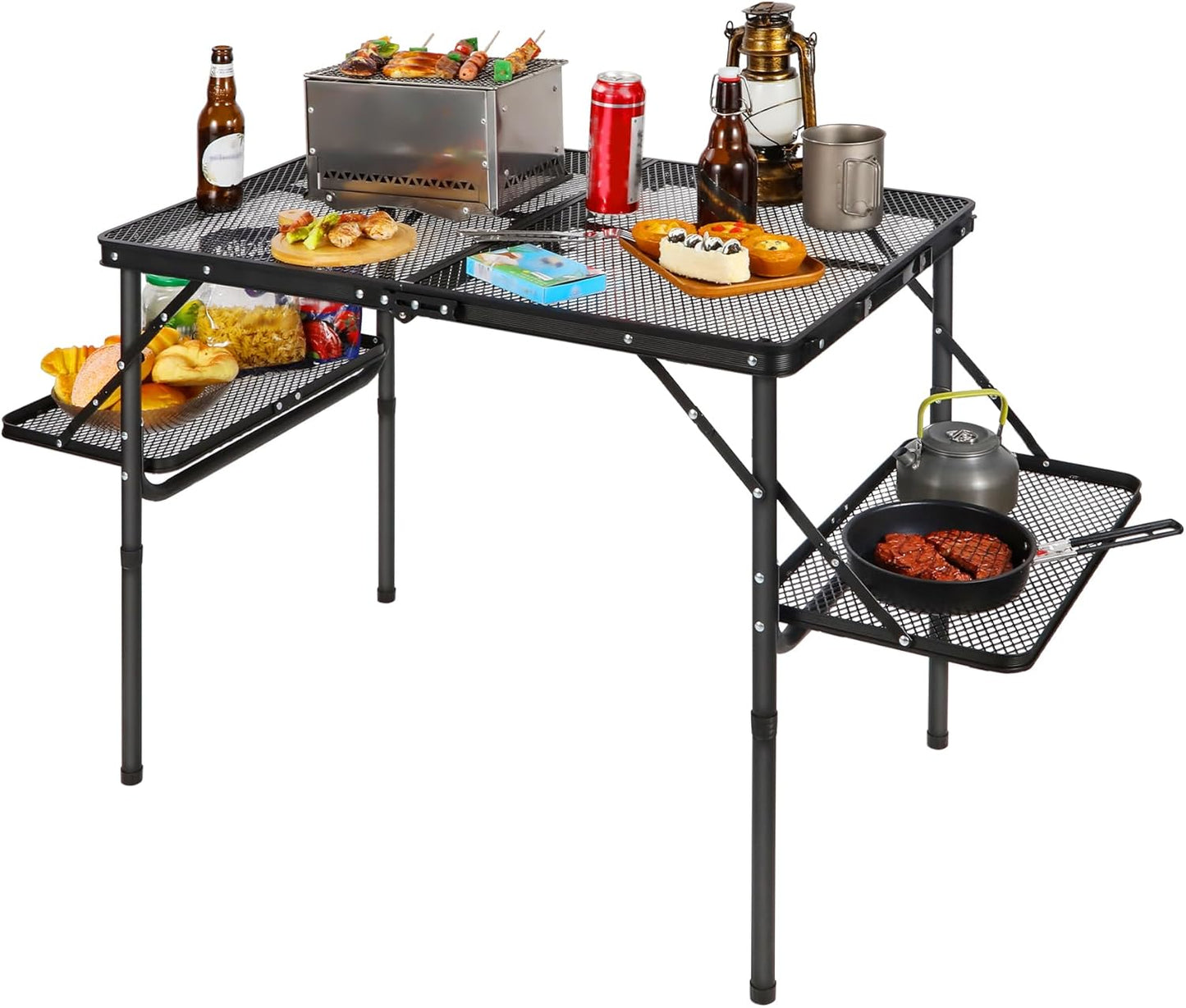 REDCAMP 36x24 Folding Grill Table for Outside with 2 Side Tables, Lightweight Portable Metal Aluminum Outdoor Grill Table with Adjustable Height Legs, Great for Camping Picnic Cooking BBQ, Black 3ft
