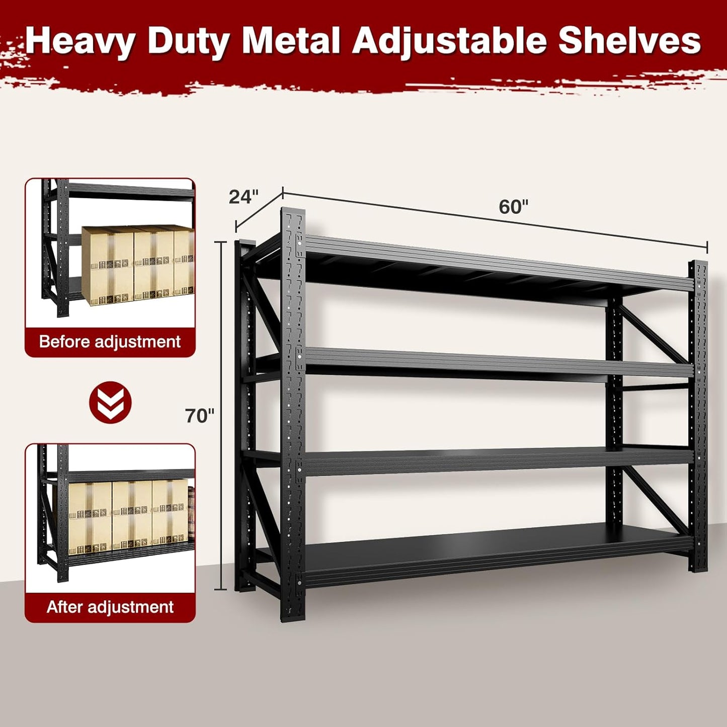 5000LBS Metal Steel Storage Shelves - 60" W Black 4 Tier Heavy Duty Rack Commercial Industrial Shelving with Adjustable Shelf for Basement Garage Warehouse - 60" W x 24" D x 70" H