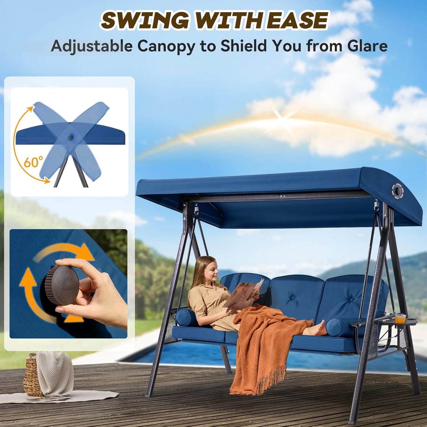 3 in 1 Outdoor Porch Swing with Adjustable Canopy, 3 Seat Outdoor Swing for Adults, Patio Swing Chair with Thickened Cushions,Pillows & Cup Holders for Backyard, Porch, Garden (Blue)