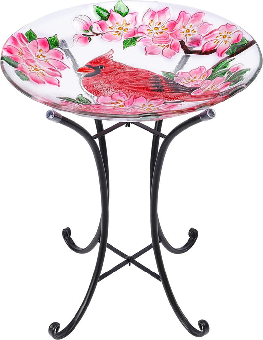 VCUTEKA Bird Baths for Outdoors, Glass Bird Bath with Metal Standing for Garden, Yards Patio Décor, Bird Lovers Gift, Cardinal Glass Birdbath Detachable (22" H * 18" W)