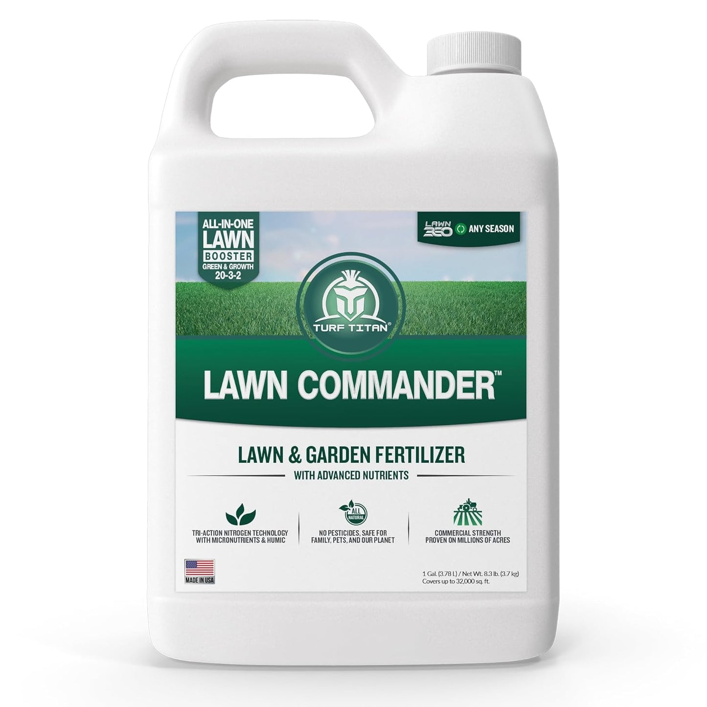Turf Titan Lawn Commander – All-in-One Lawn Booster and Fertilizer (1 Gallon) – Peak Growth & Green Grass for All Seasons – Tri-Action Nitrogen Tech Fertilizer Concentrate – Covers up to 32,000 Sq Ft