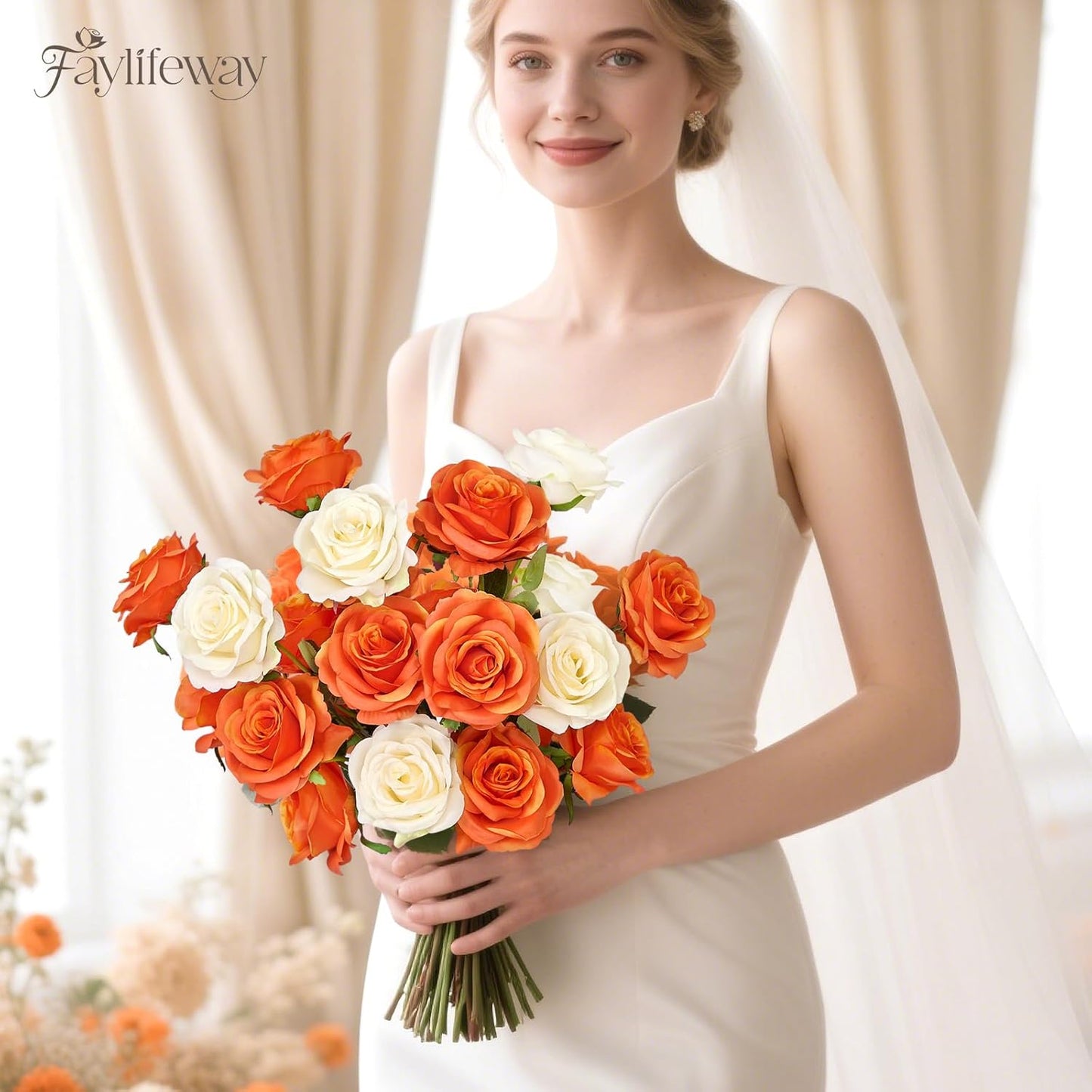 20PCS Artificial Light Orange Roses, 3.9'' Silk Flower Head Fake Light Orange Rose with Long Stems, Realistic Faux Roses Bouquet for Mother's Day DIY Wedding Home Party Office Decoration