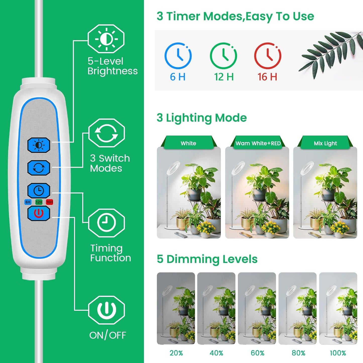 Grow Lights for Indoor Plants, Full Spectrum Plant Lights for Indoor Growing, 9.8"-37.4" Height Adjustable Desk Grow Lamp with Auto Timer 6/12/16Hrs, 3 Optional Spectrums, 5 Brightness,2 Pack
