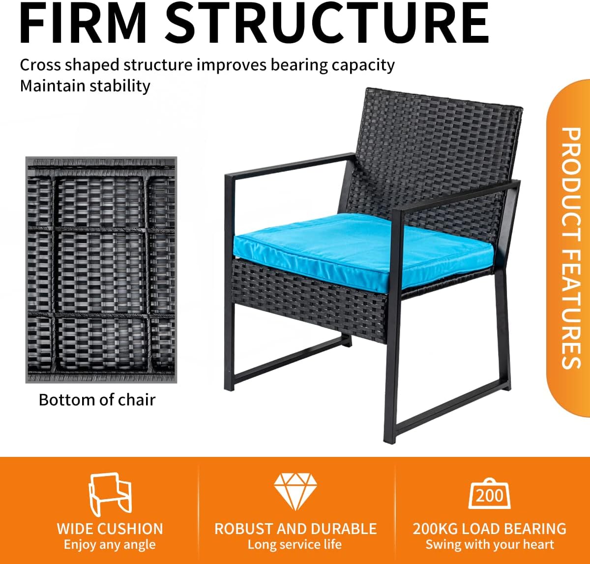 Patio Furniture Set,Wicker Bistro Set 3 Pieces Outdoor Furniture,Rattan Table and Patio Chairs Set for Balcony,Yard,Porch and Deck（Blue）