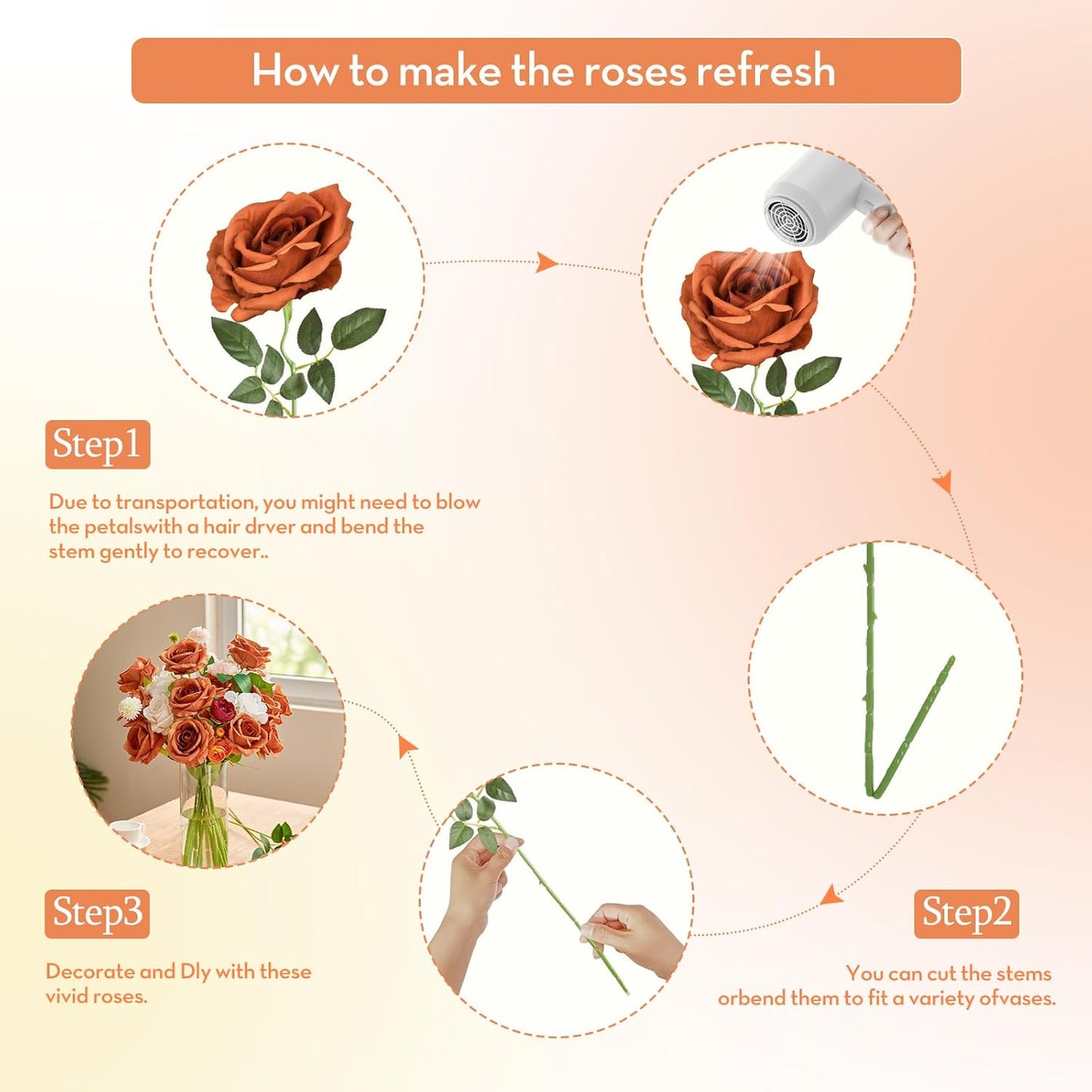 Serwalin 20pcs Artificial Burnt Orange Roses, 4'' Big Flower Head Fake Roses, Velvet Real Touch Roses, Silk Roses Long Stems for Home Decor Wedding Bouquet and Table Centerpiece