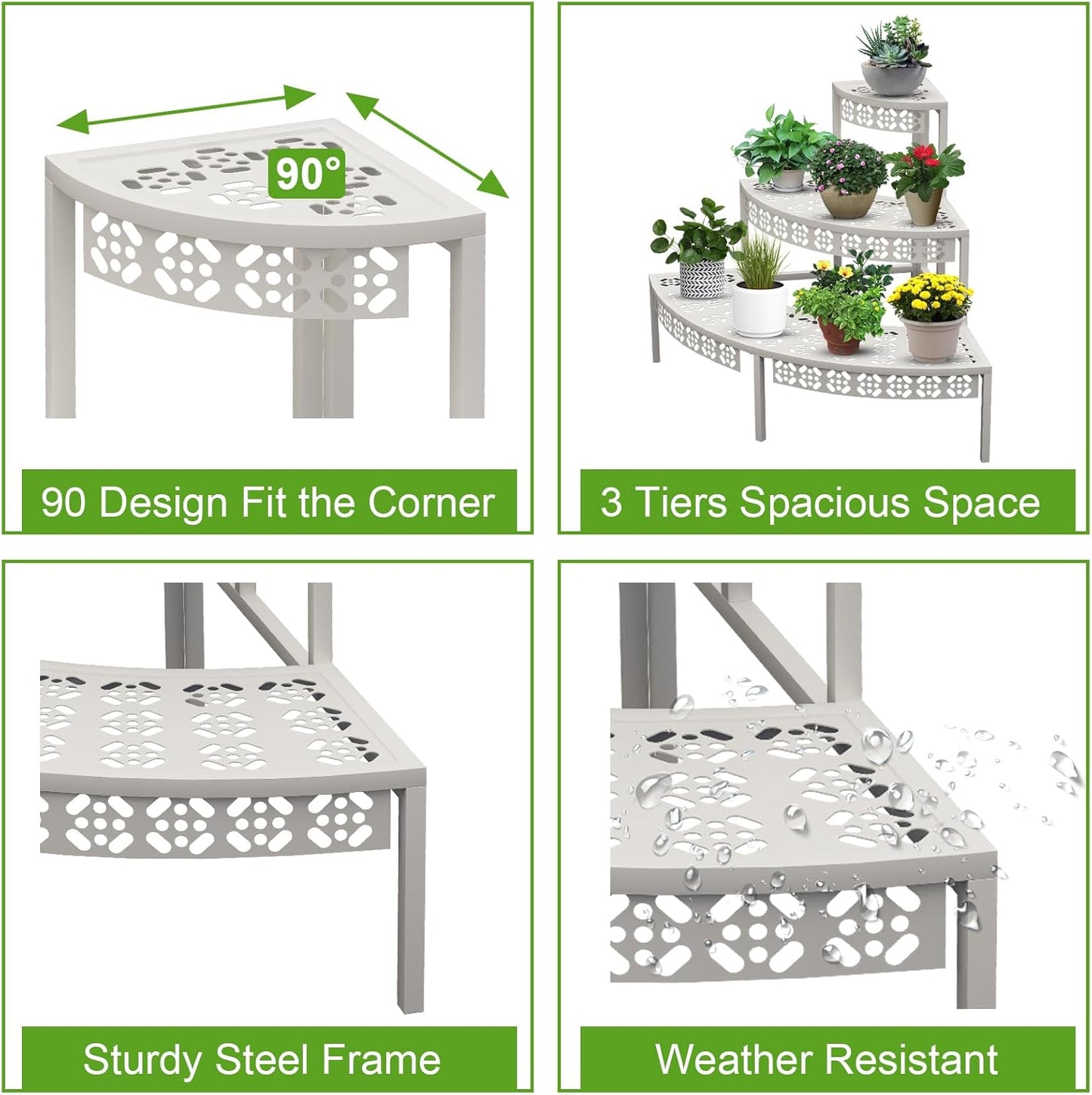 aboxoo 3 Tier Plant Stand Semi-Circular Flower Pot Organizer Rack Quarter Round Plant Display Holder Outdoor Storage Shelves Metal Corner Shelf Planter Shelving Ladder Plant Stand for Indoor