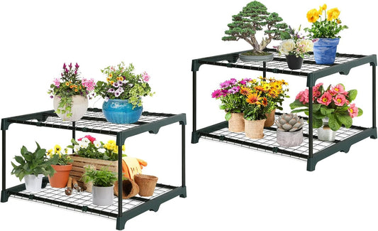 EAGLE PEAK Greenhouse Shelving Staging Double 2 Tier, Outdoor / Indoor Plant Shelves, 27"x19"x16", Green