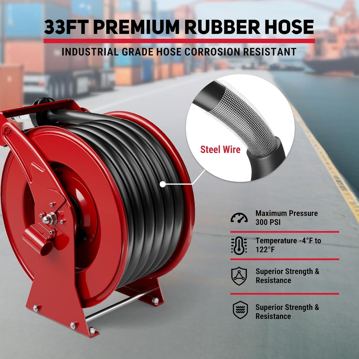 Retractable Diesel Fuel Hose Reel - 1 inch x 33ft Spring Driven Auto Swivel Rewind Hose Holder Reel with Fueling Nozzle, 300 PSI Industrial Steel for Aircraft Ship Vehicle Tank Truck, Red